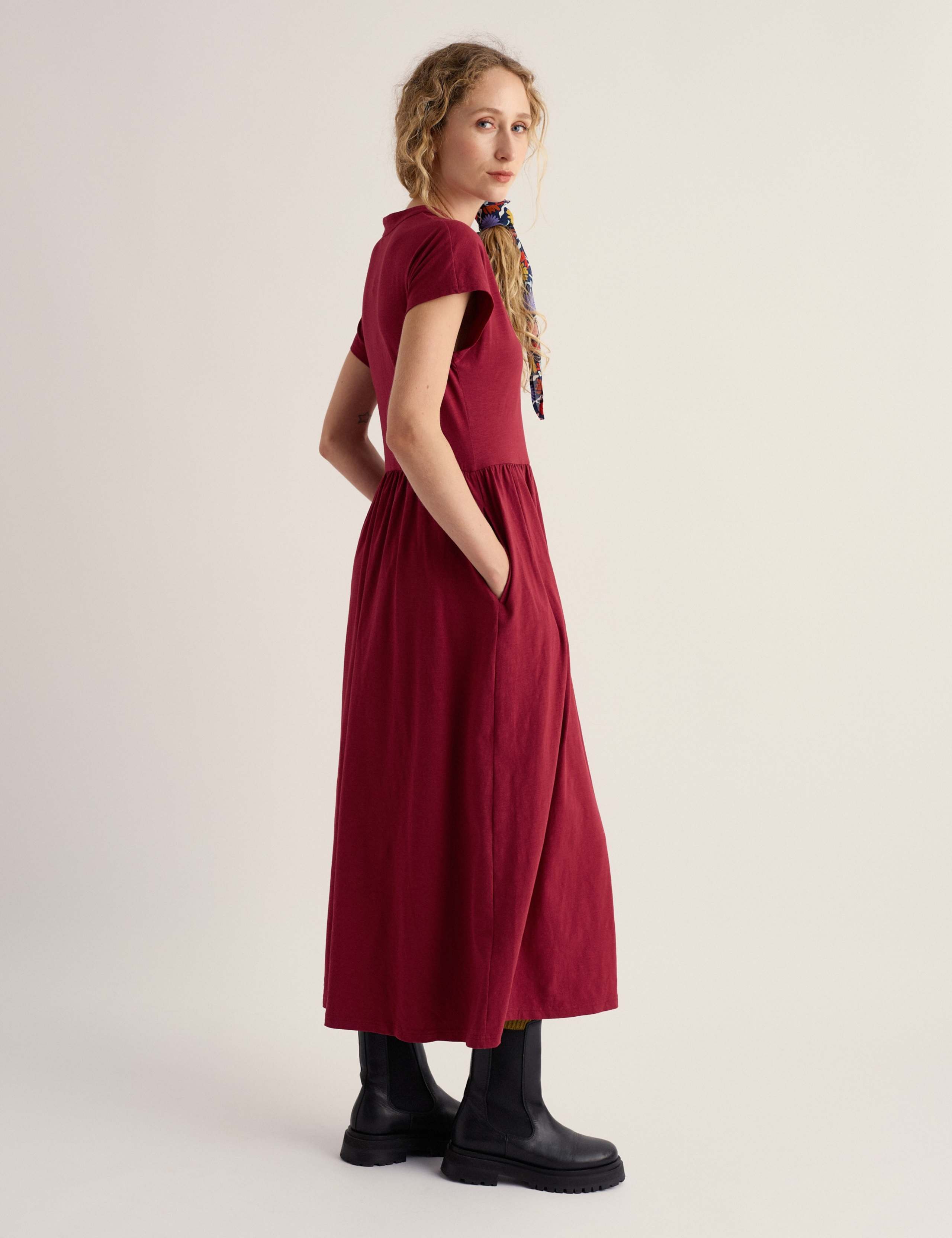 Cotton Rich Notch Neck Midi Waisted Dress 4 of 5
