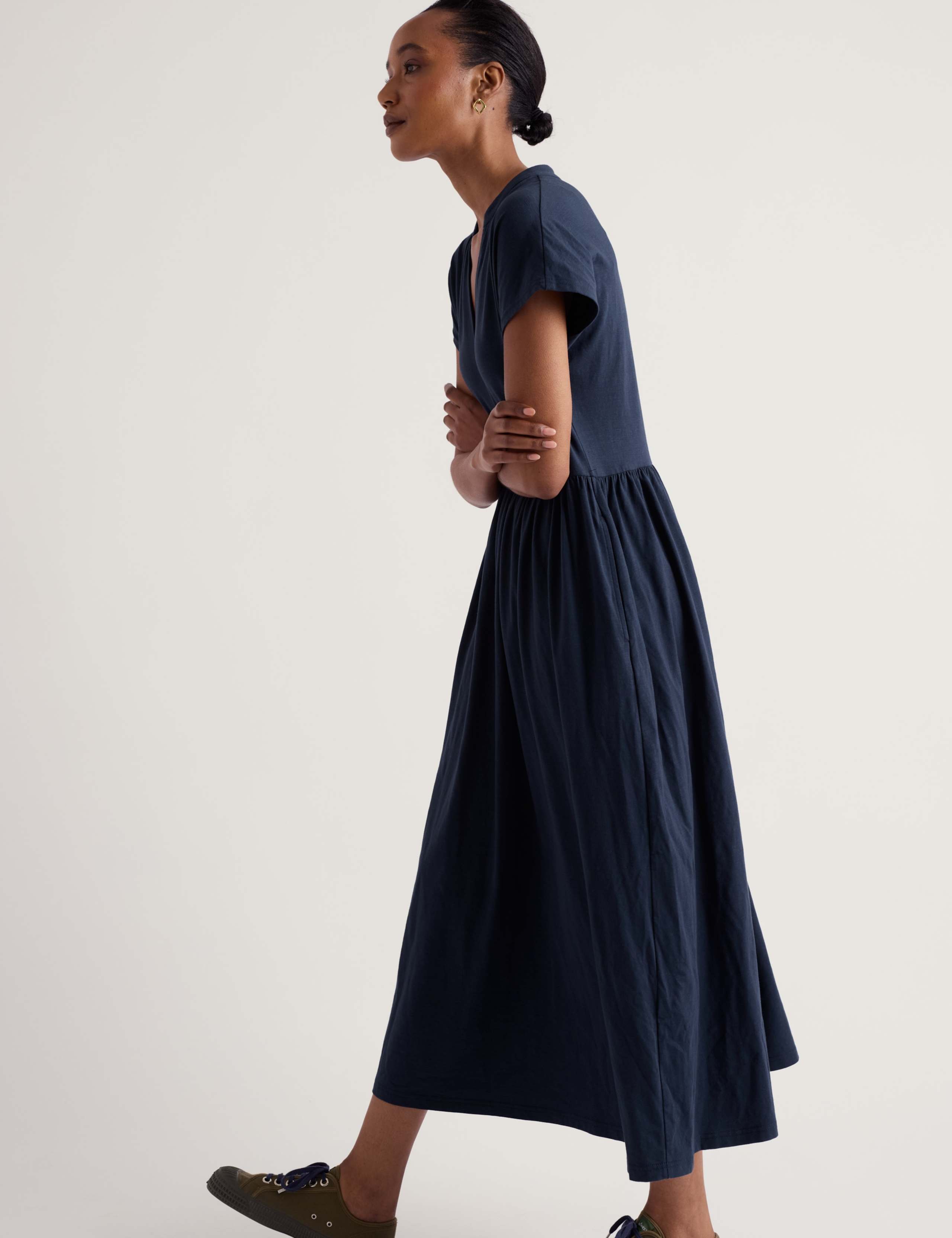 Cotton Rich Notch Neck Midi Waisted Dress 3 of 5