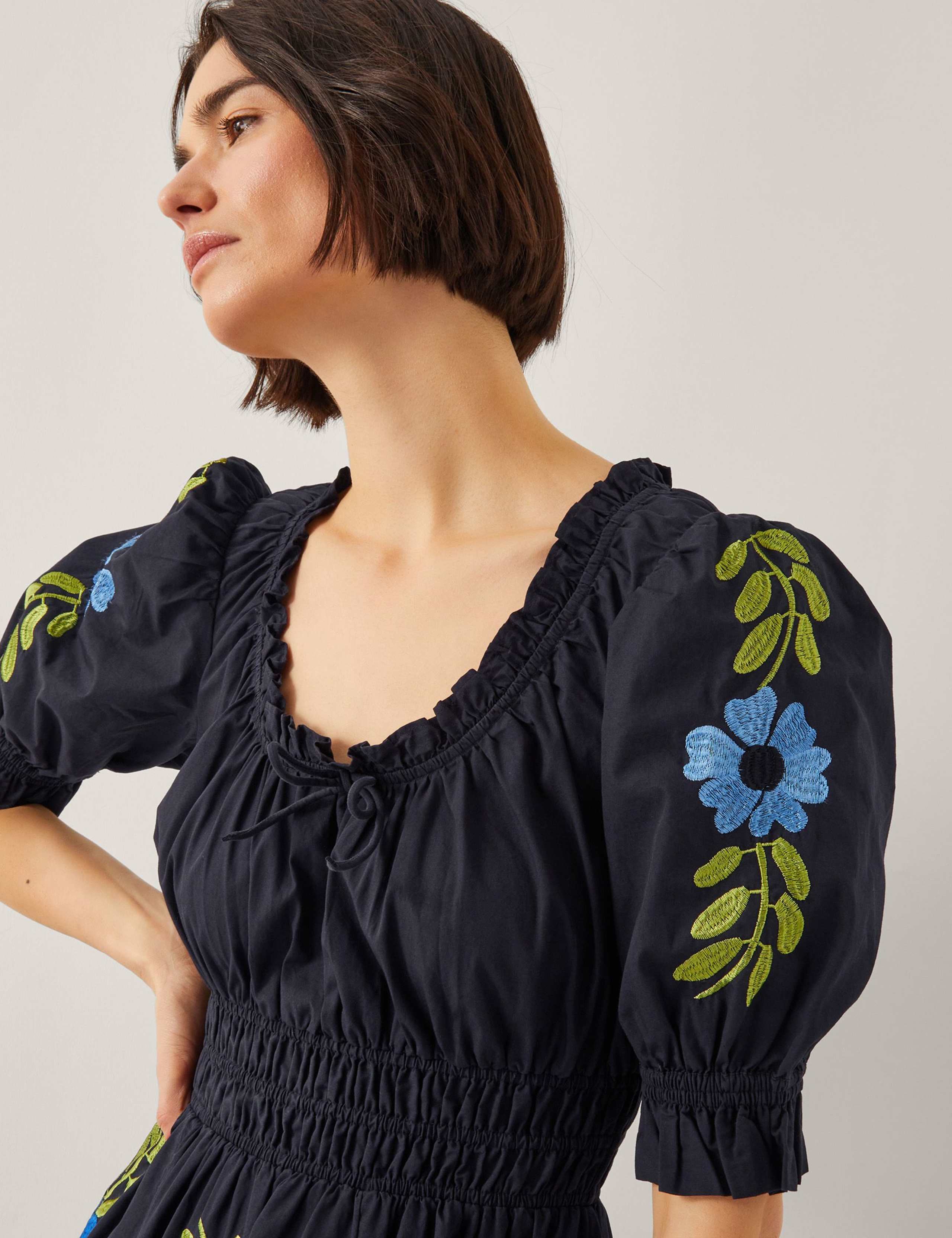 Pure Cotton Embroidered Midi Waisted Dress 3 of 4