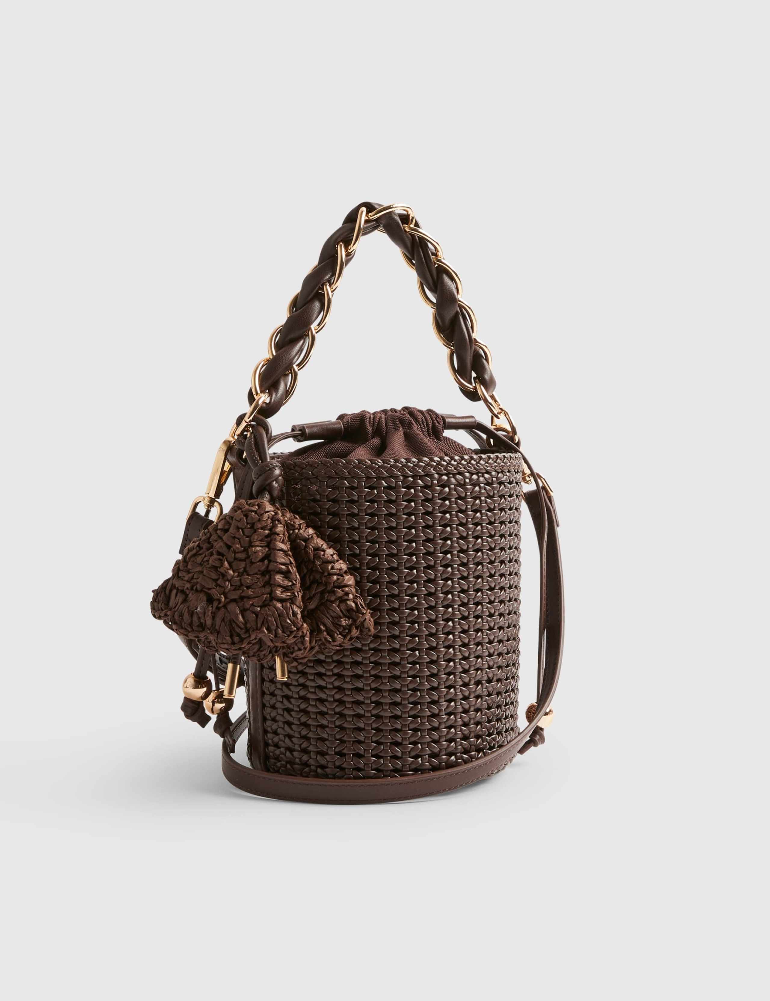 Faux Leather Woven Braided Handle Bucket Bag 3 of 5