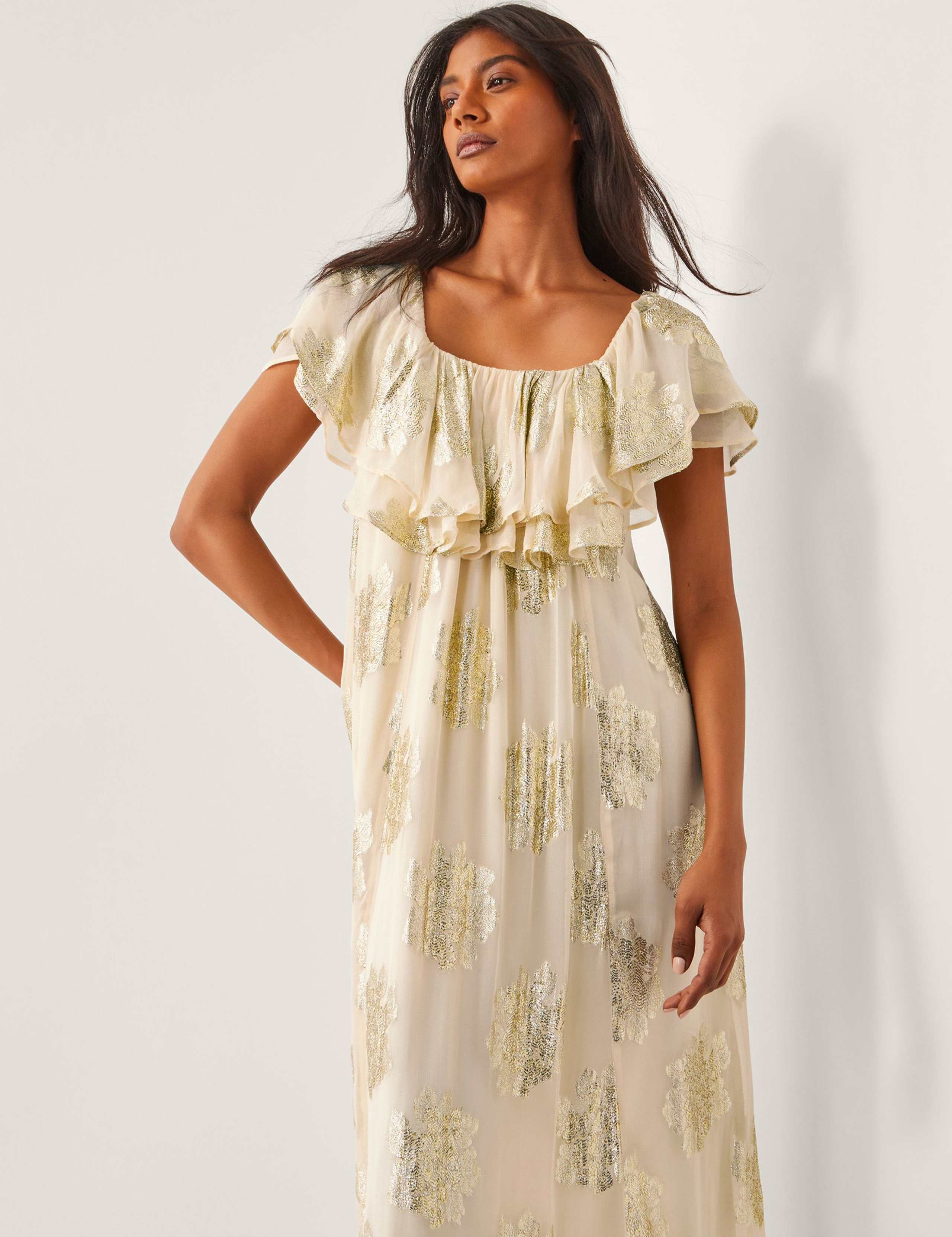 Floral Metallic Bardot Frill Maxi Dress 2 of 4