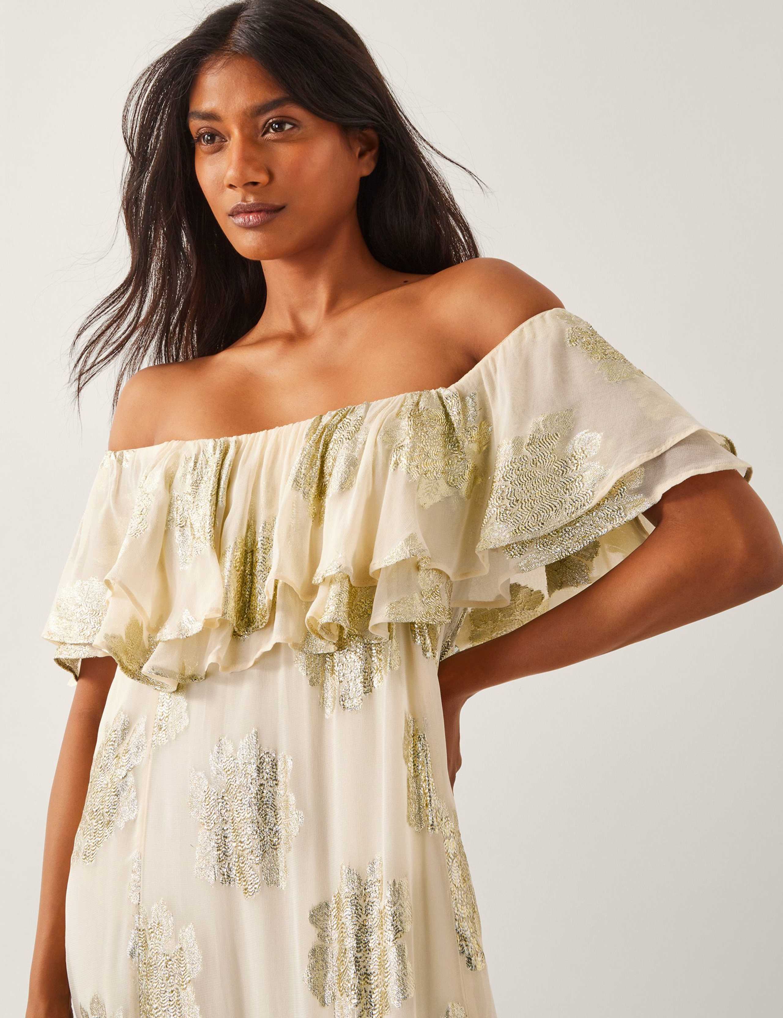 Floral Metallic Bardot Frill Maxi Dress 3 of 4