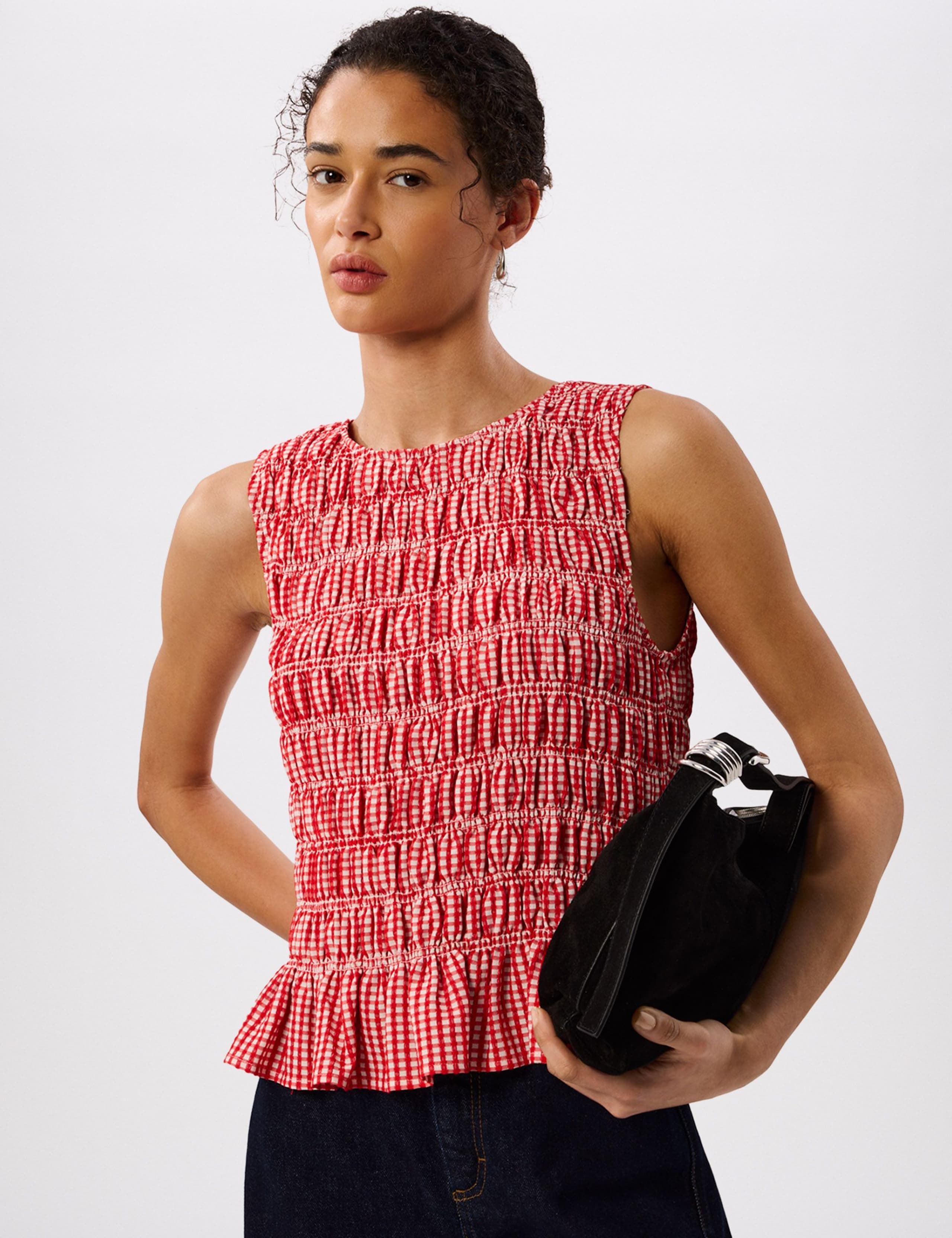 Checked Crew Neck Shirred Top 1 of 6