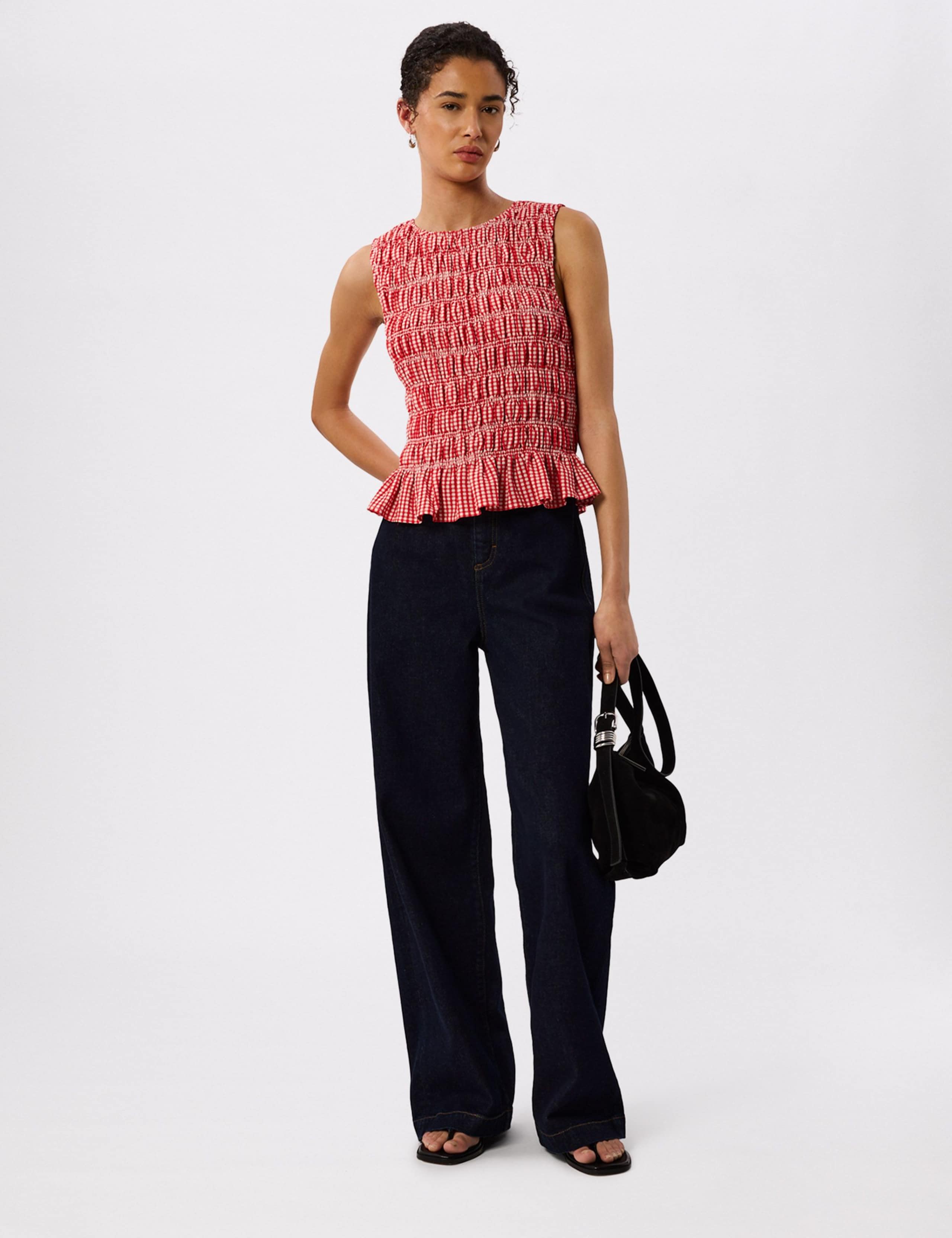 Checked Crew Neck Shirred Top 3 of 6