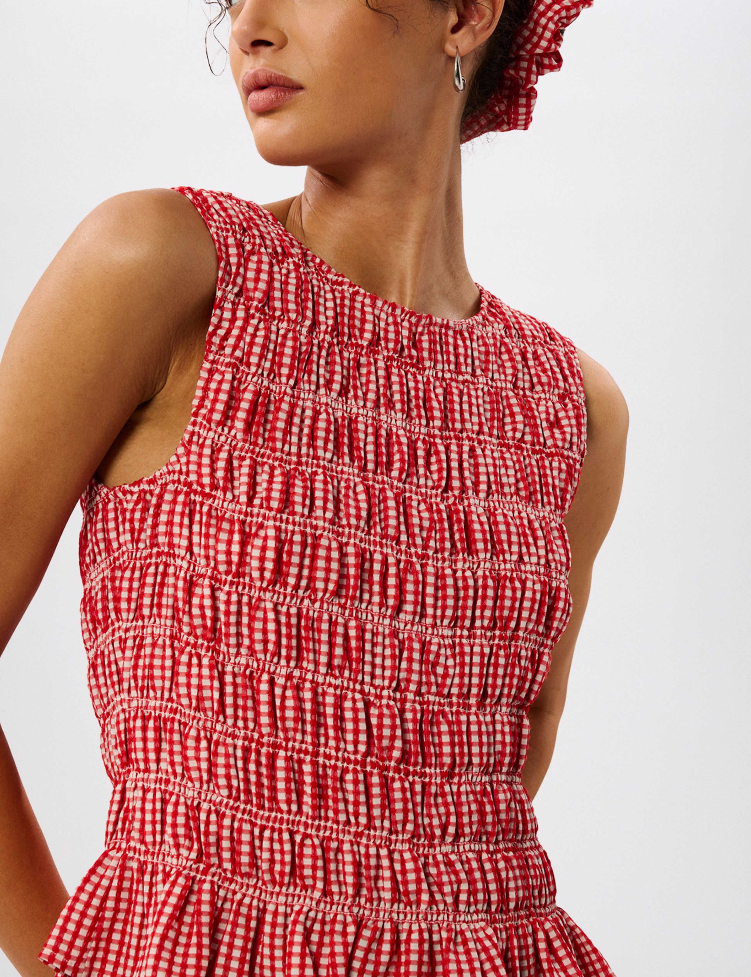 Checked Crew Neck Shirred Top 5 of 6