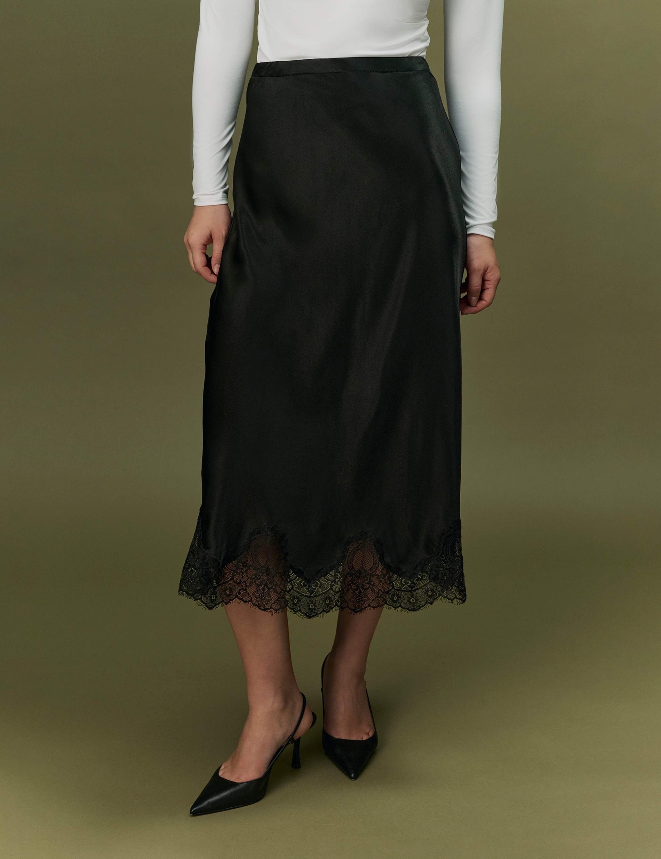 Satin Lace Midi Slip Skirt 2 of 11