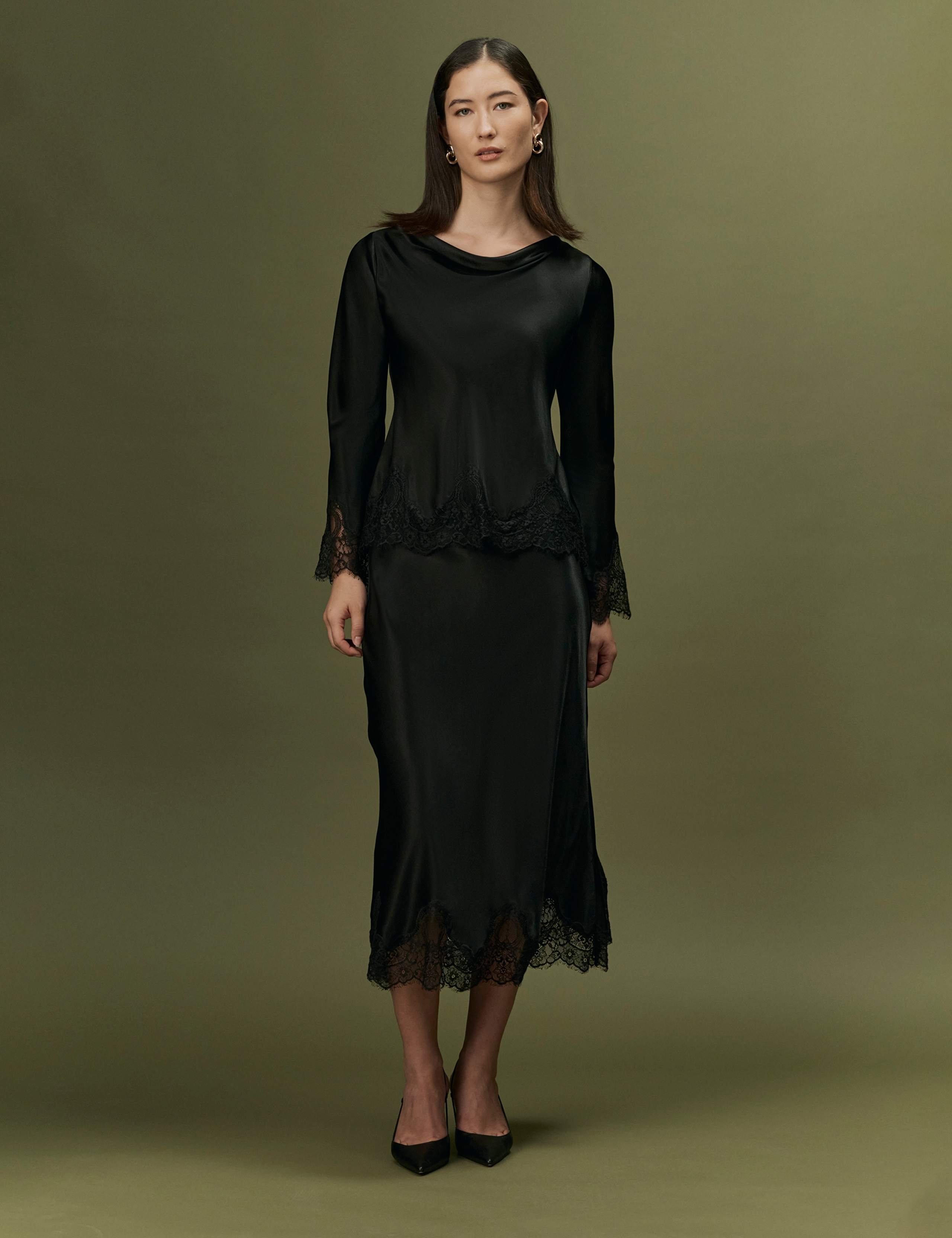 Satin Lace Midi Slip Skirt 11 of 11