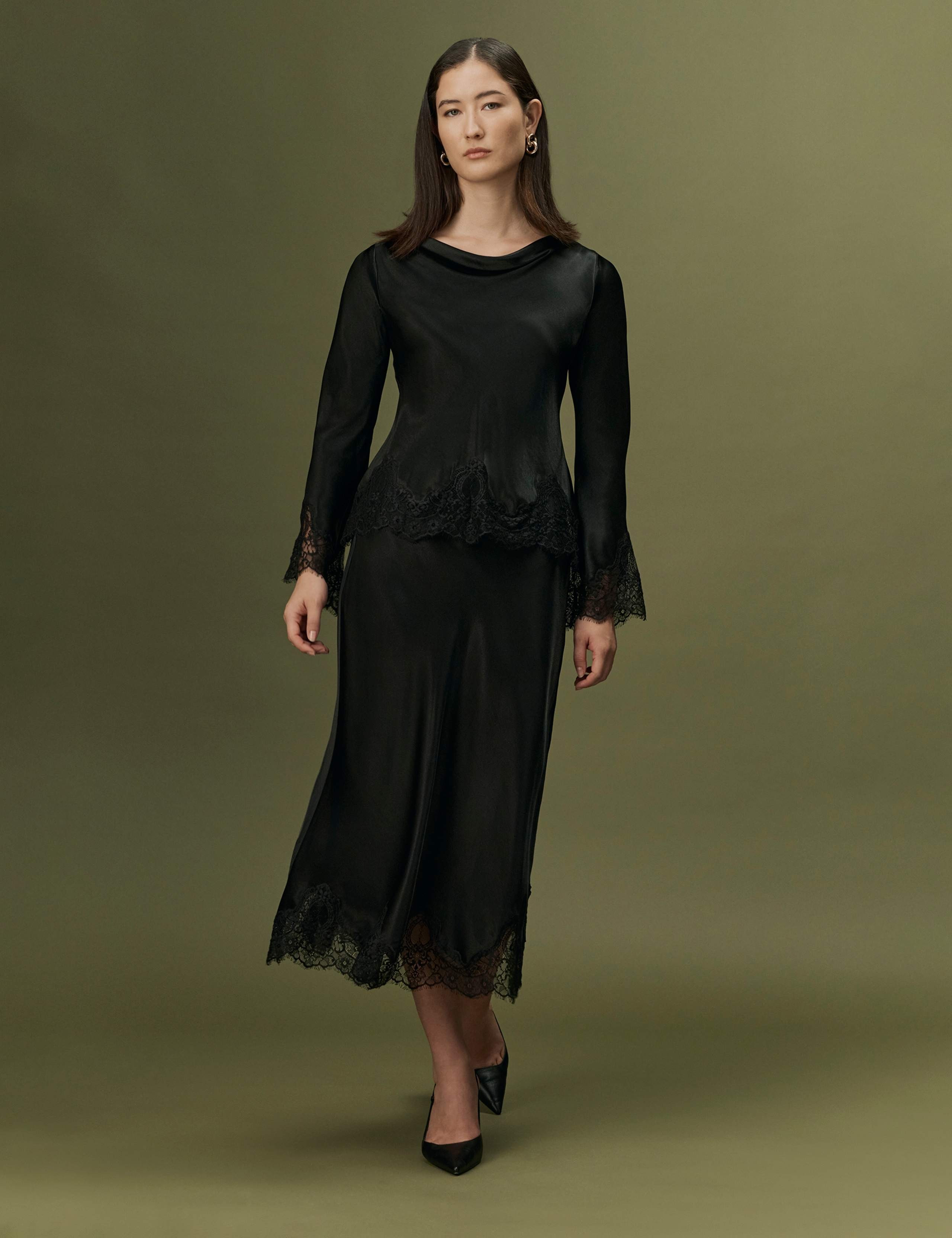 Satin Lace Midi Slip Skirt 7 of 11
