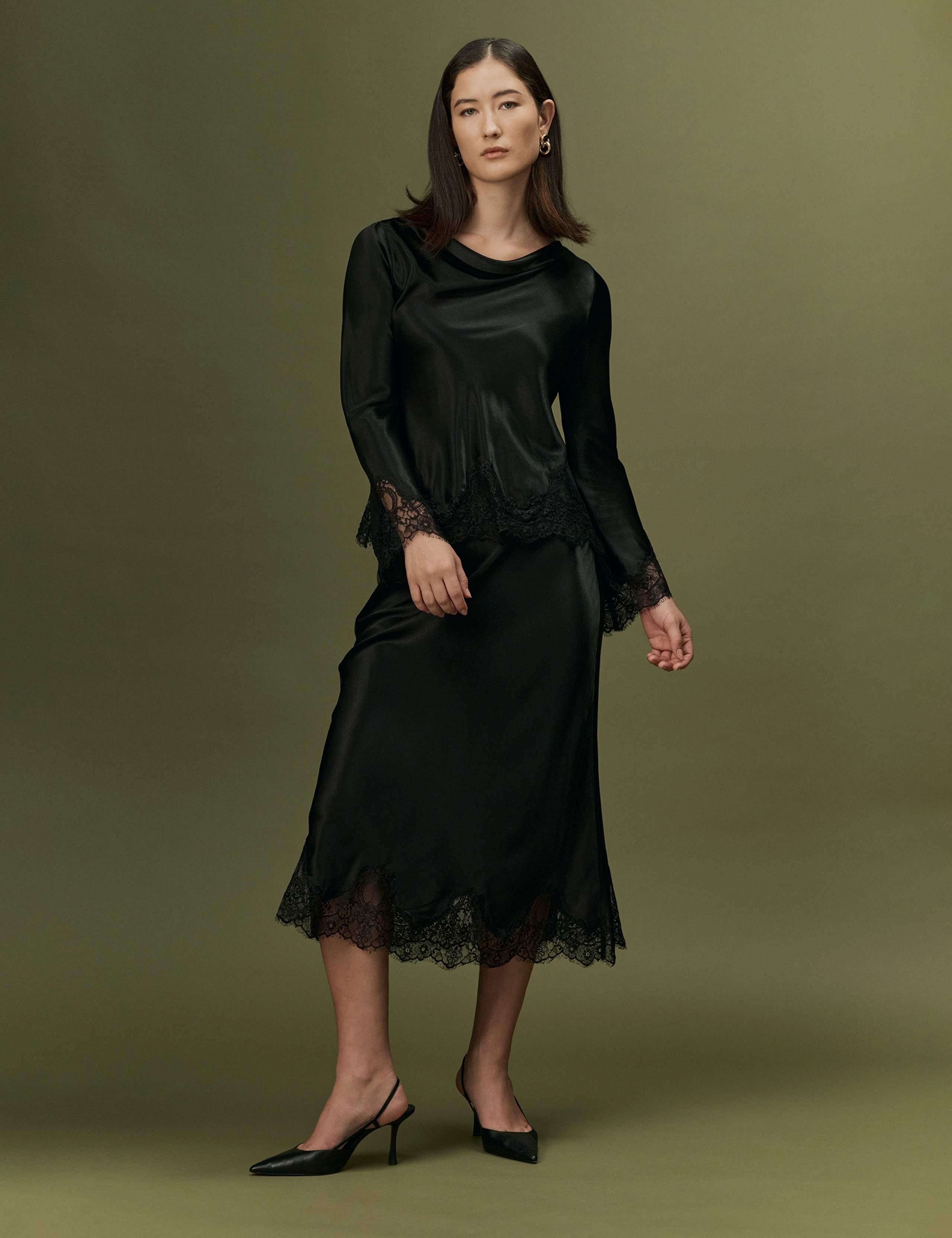 Satin Lace Midi Slip Skirt 9 of 11