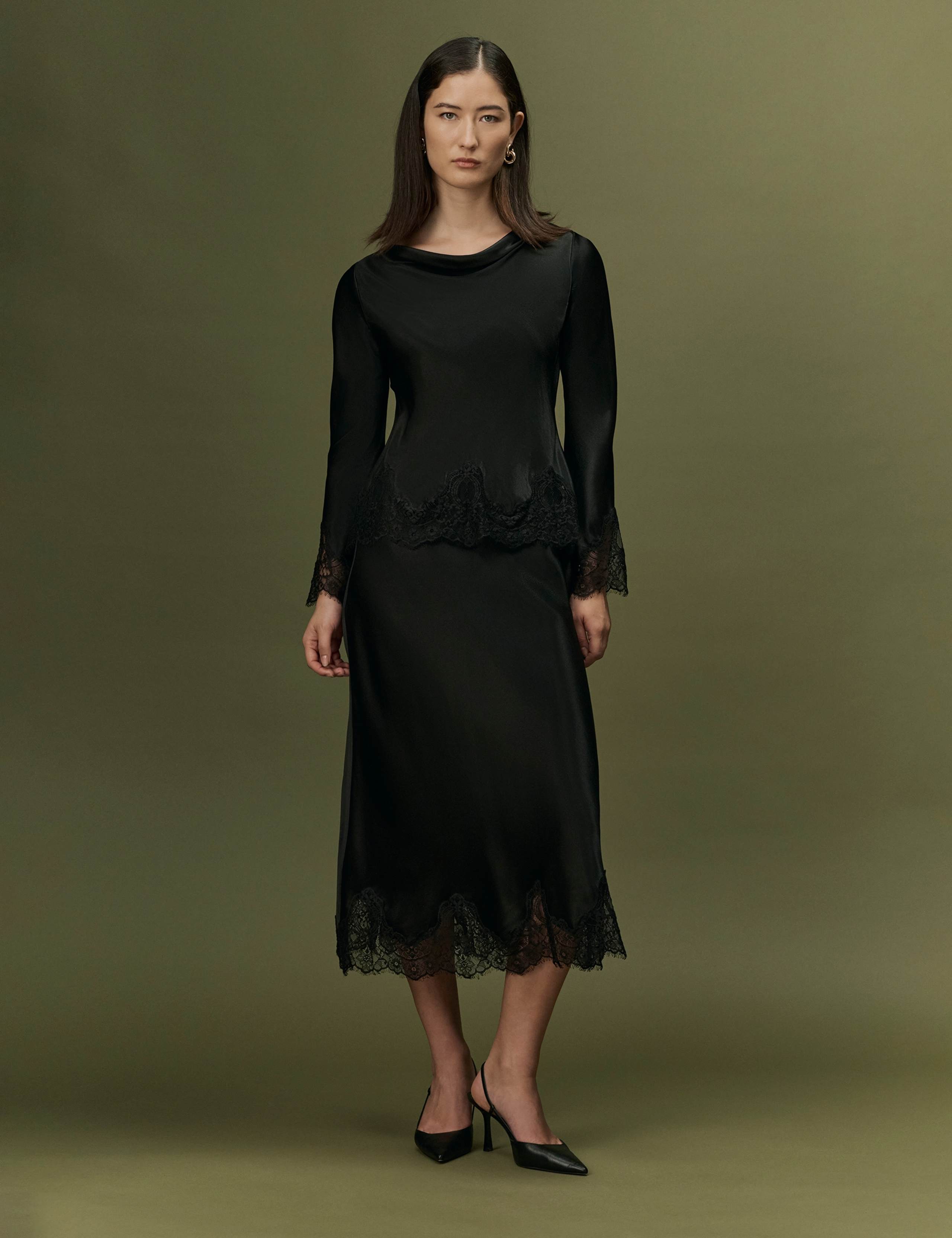 Satin Lace Midi Slip Skirt 10 of 11