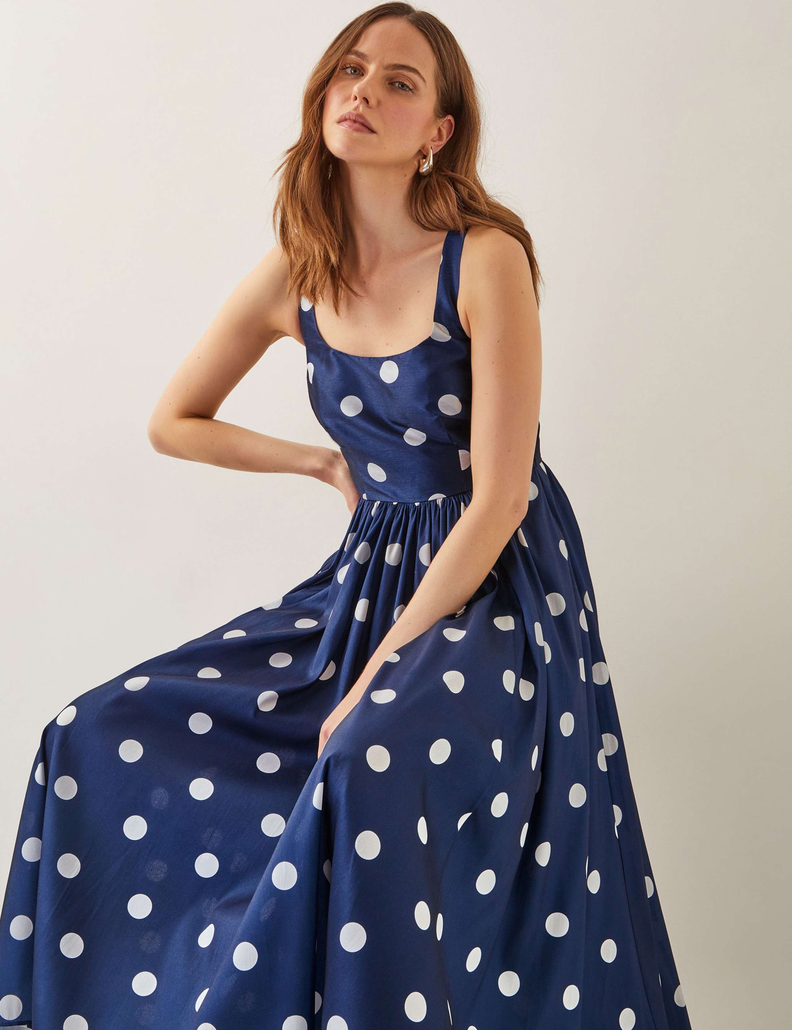Polka Dot Square Neck Midi Waisted Dress 4 of 6