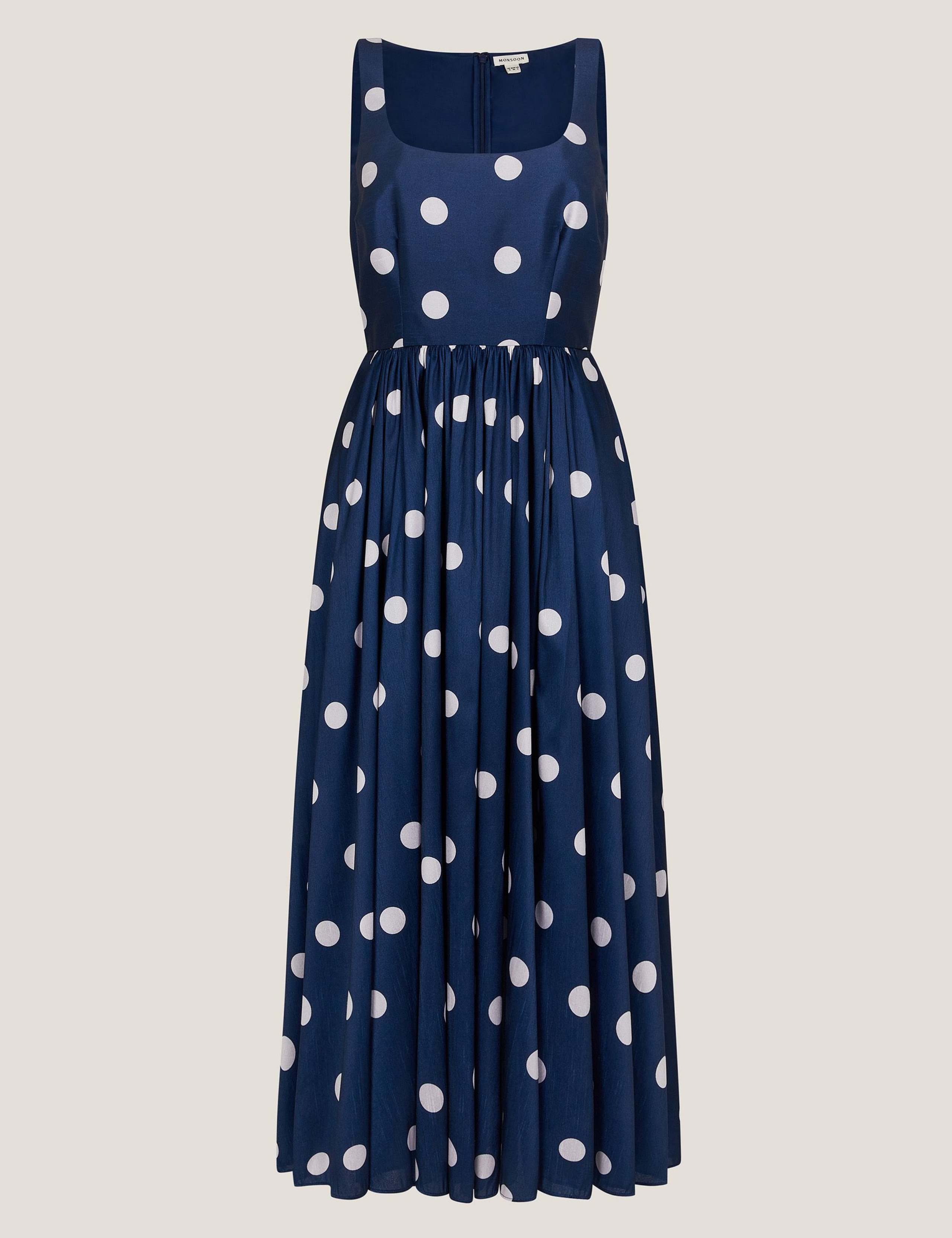 Polka Dot Square Neck Midi Waisted Dress 2 of 6
