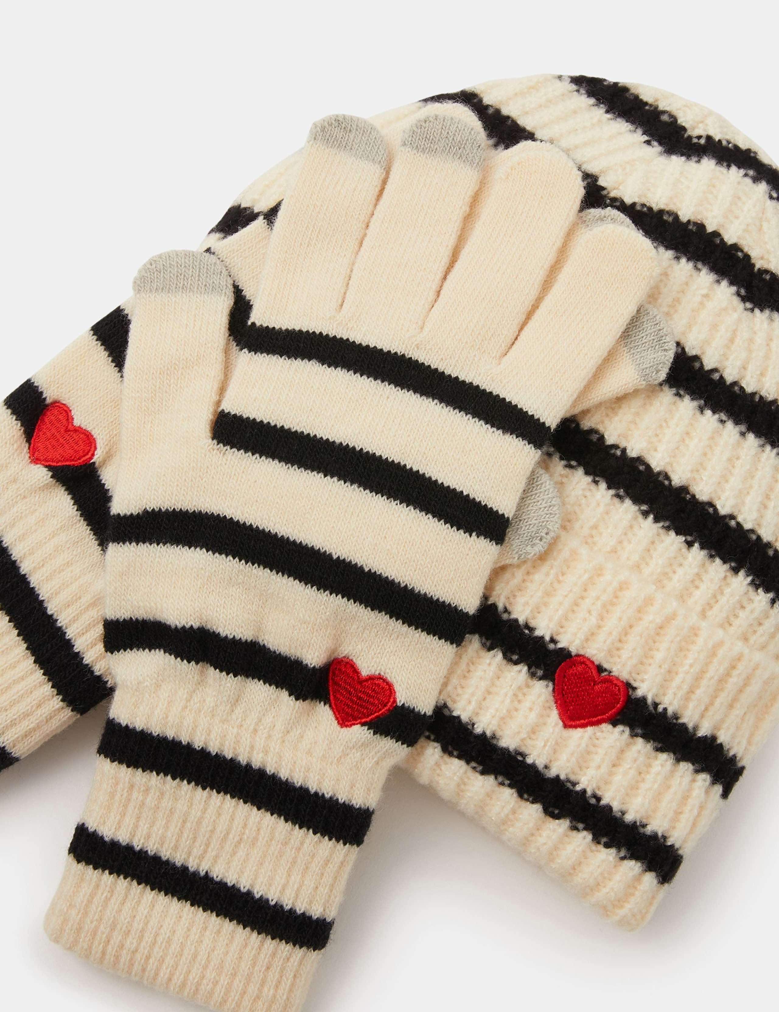 Knitted Striped Heart Hat & Gloves Set 3 of 3