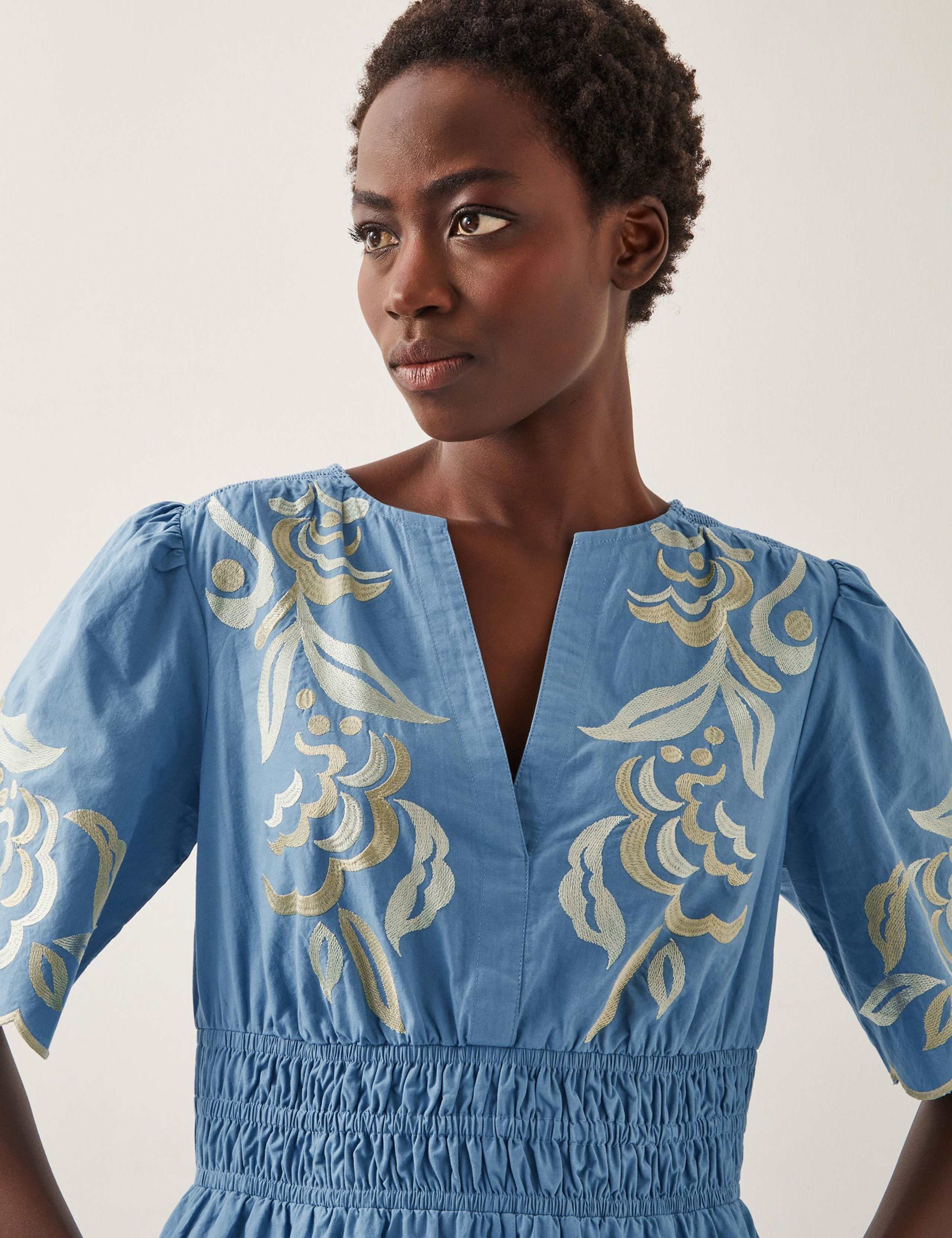 Pure Cotton Embroidered Midi Waisted Dress 3 of 4