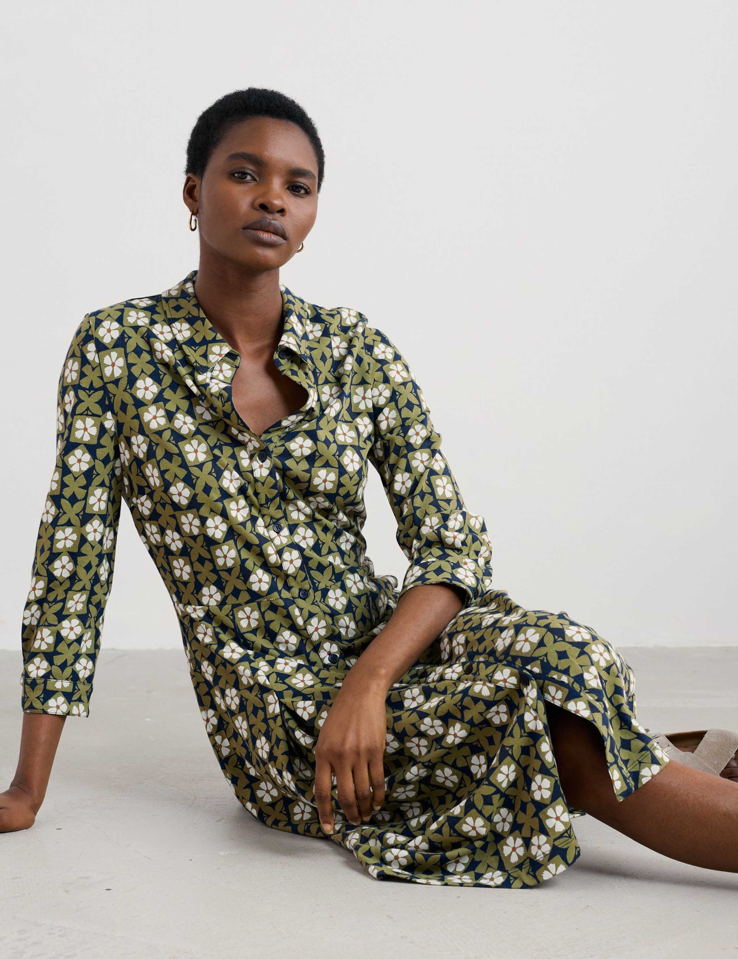 Cotton Rich Floral Knee Length Shirt Dress 4 of 5