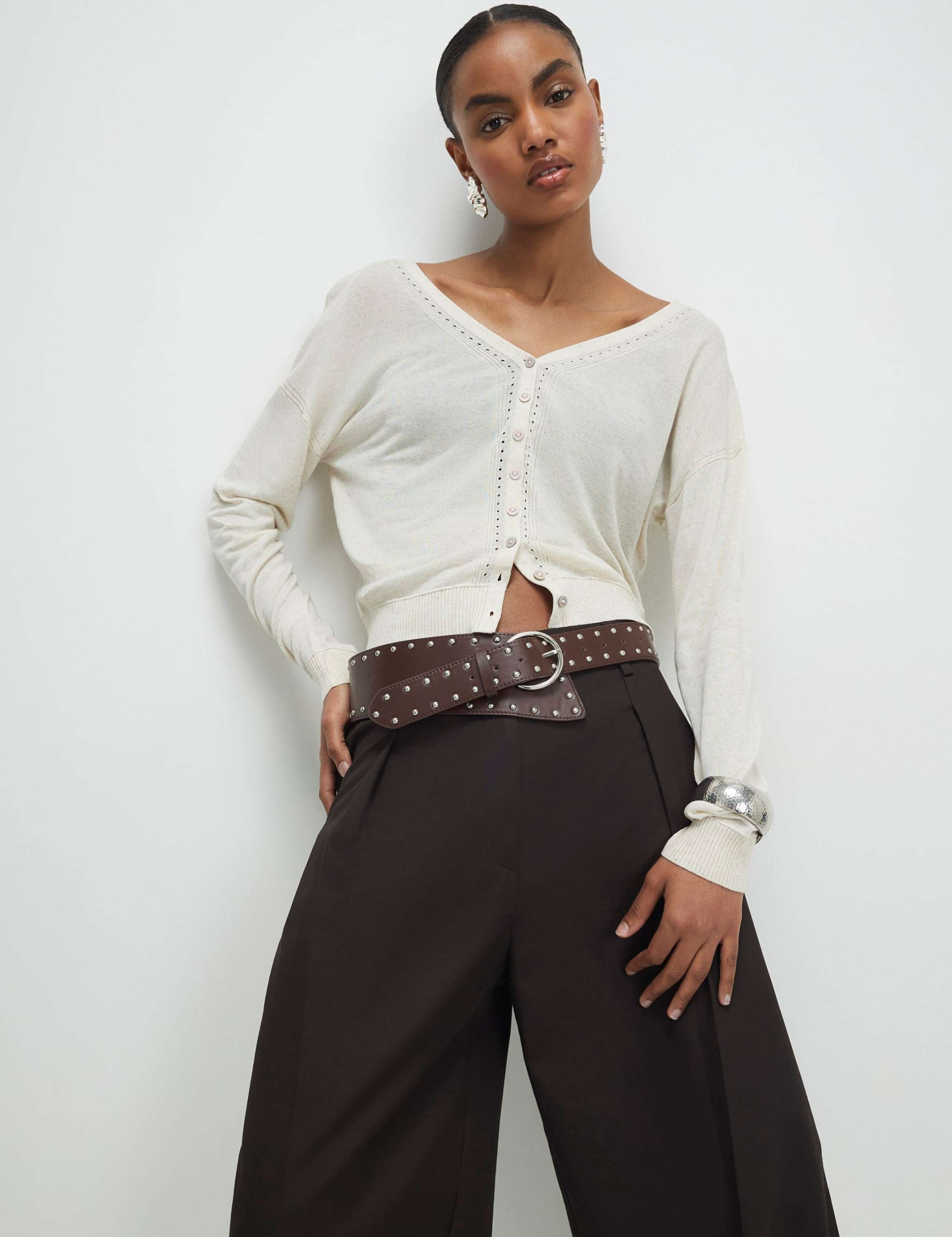 V-Neck Button Through Cardigan with Linen 1 of 4