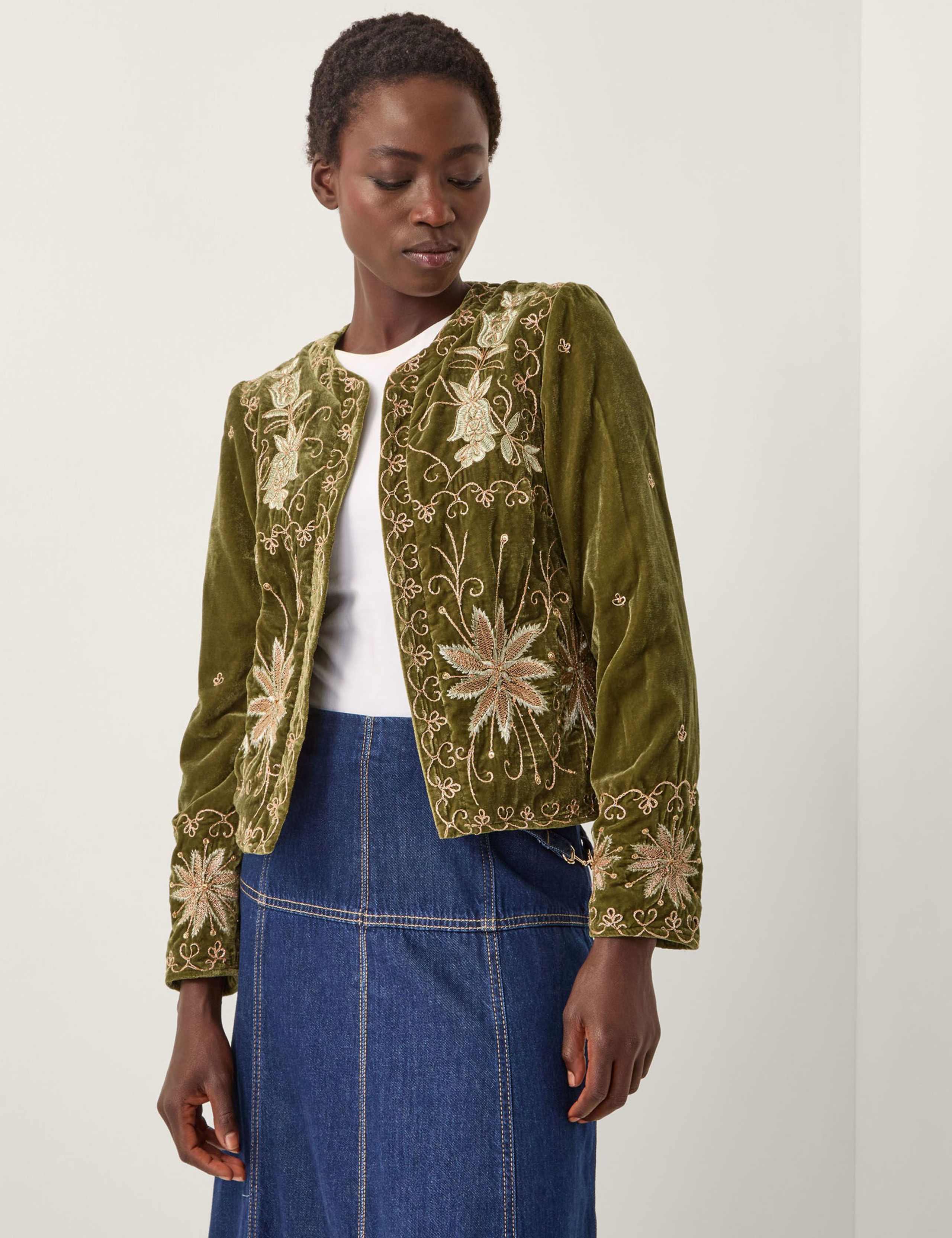 Velvet Collarless Embroidered Jacket 1 of 5