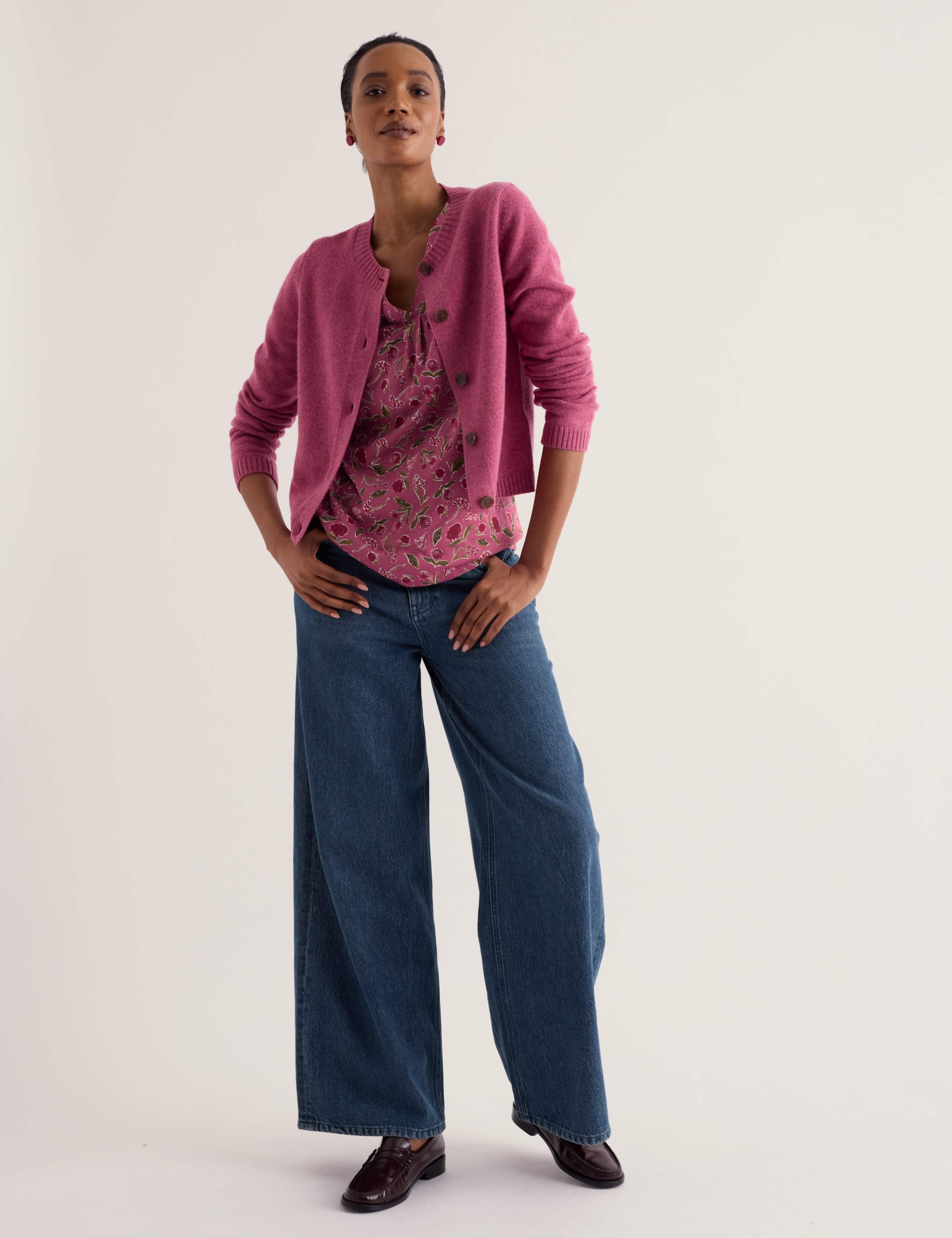 Cotton Modal Blend Floral V-Neck Pleated Top 1 of 5