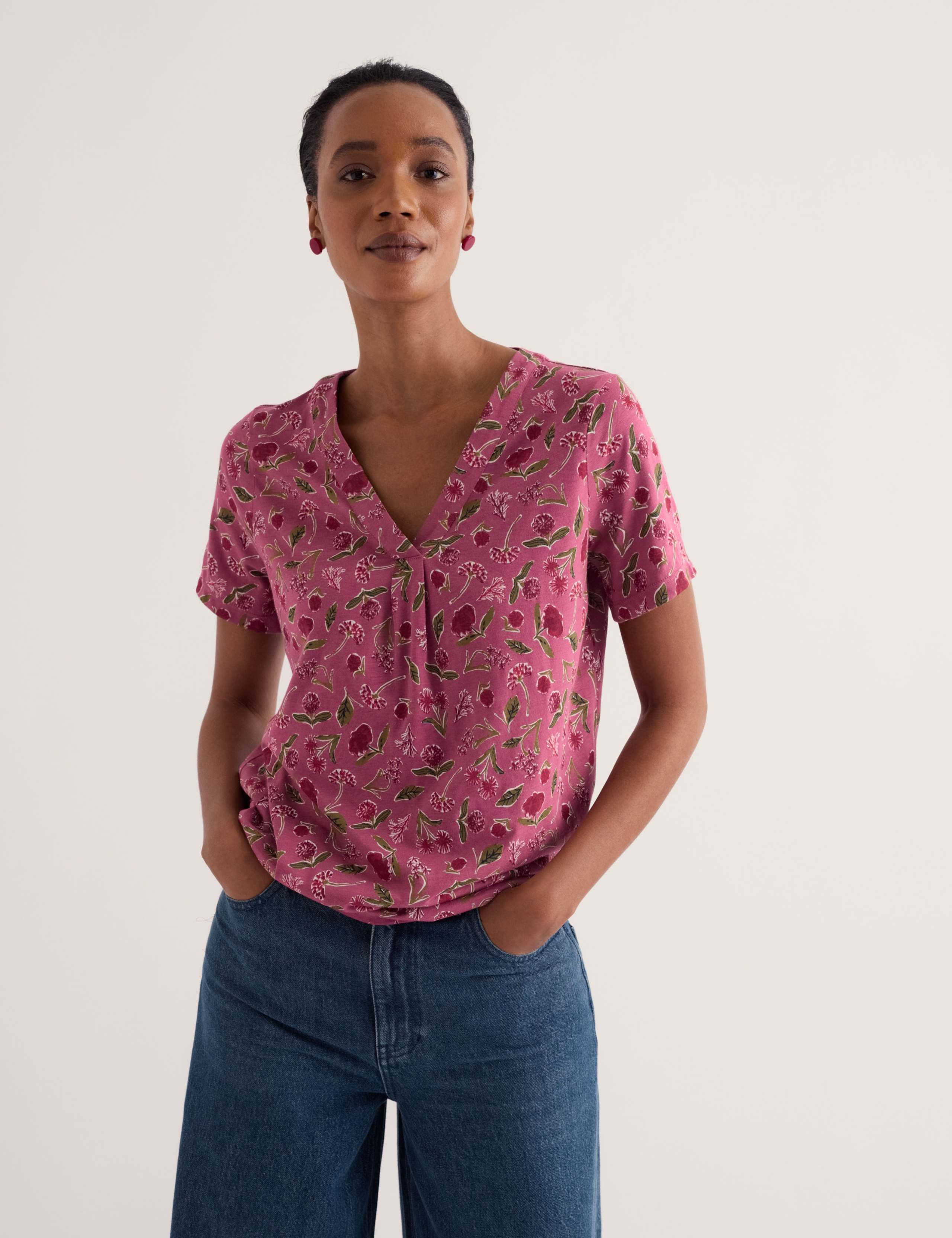 Cotton Modal Blend Floral V-Neck Pleated Top 3 of 5