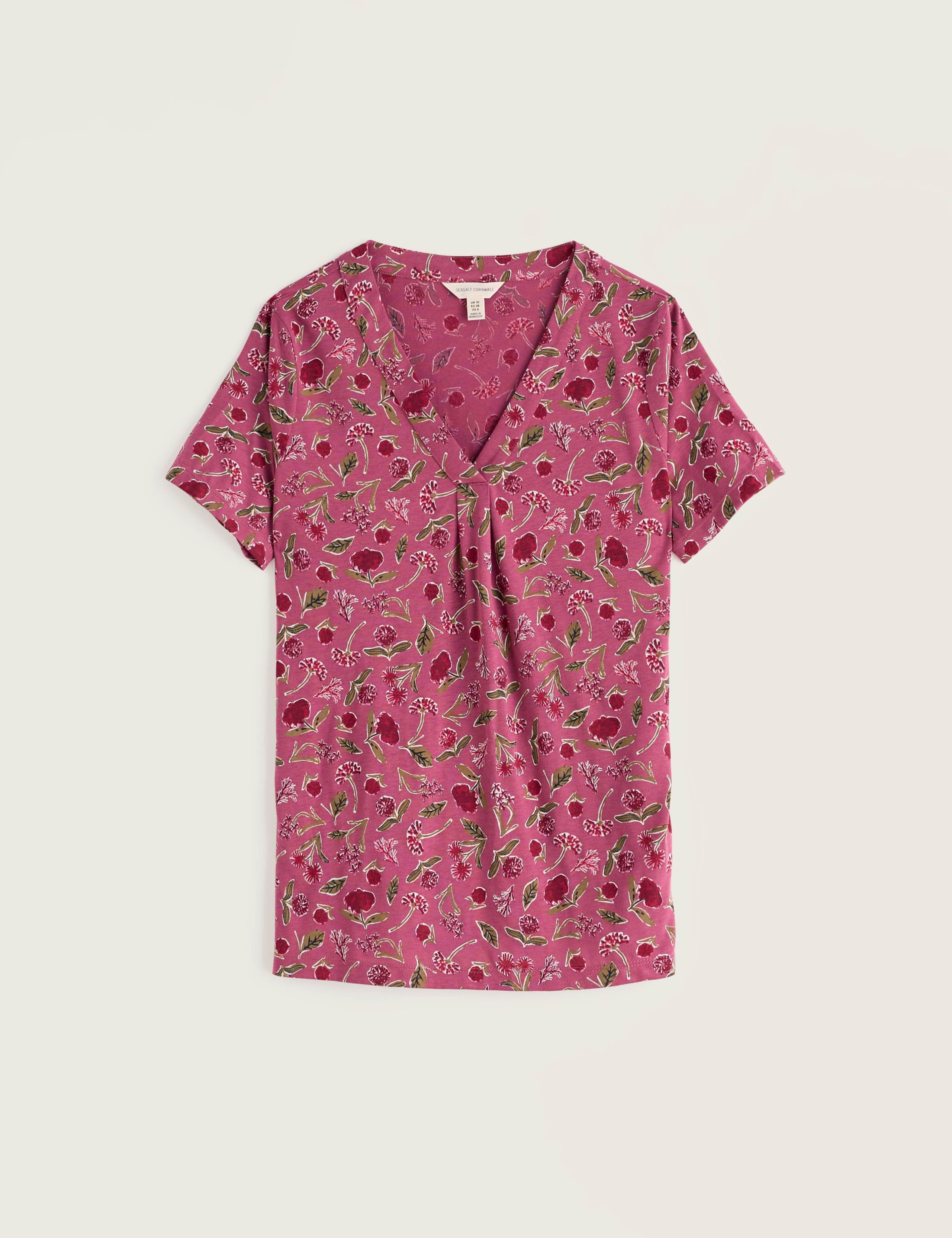 Cotton Modal Blend Floral V-Neck Pleated Top 2 of 5