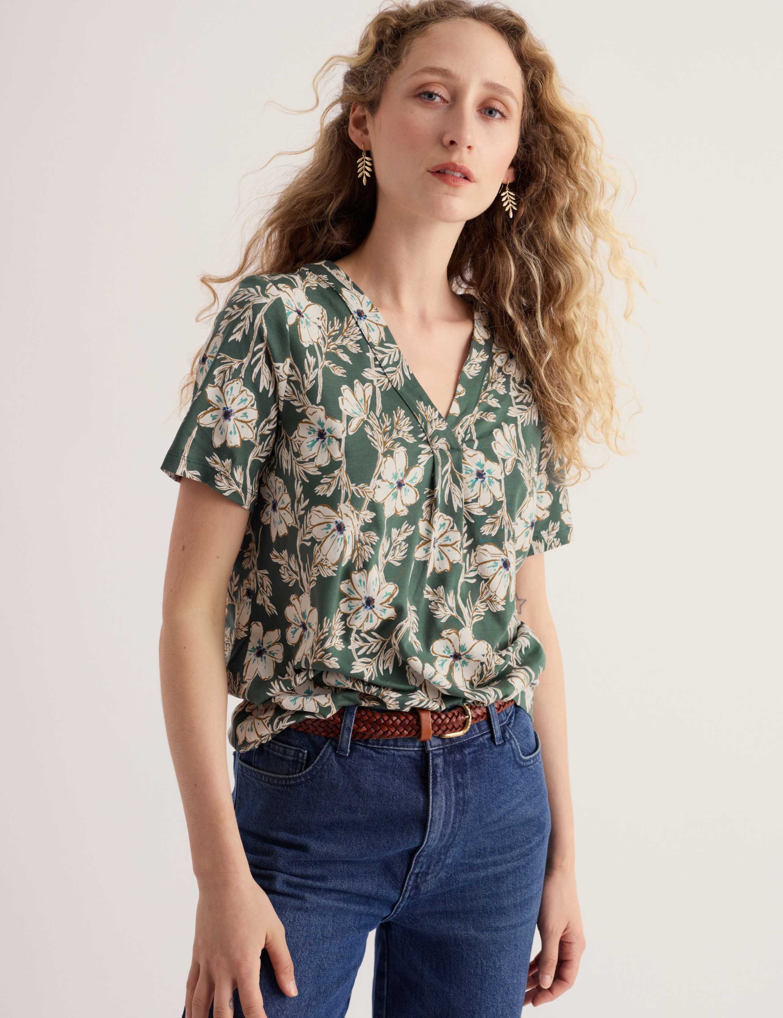 Cotton Modal Blend Floral V-Neck Flared Top 3 of 5