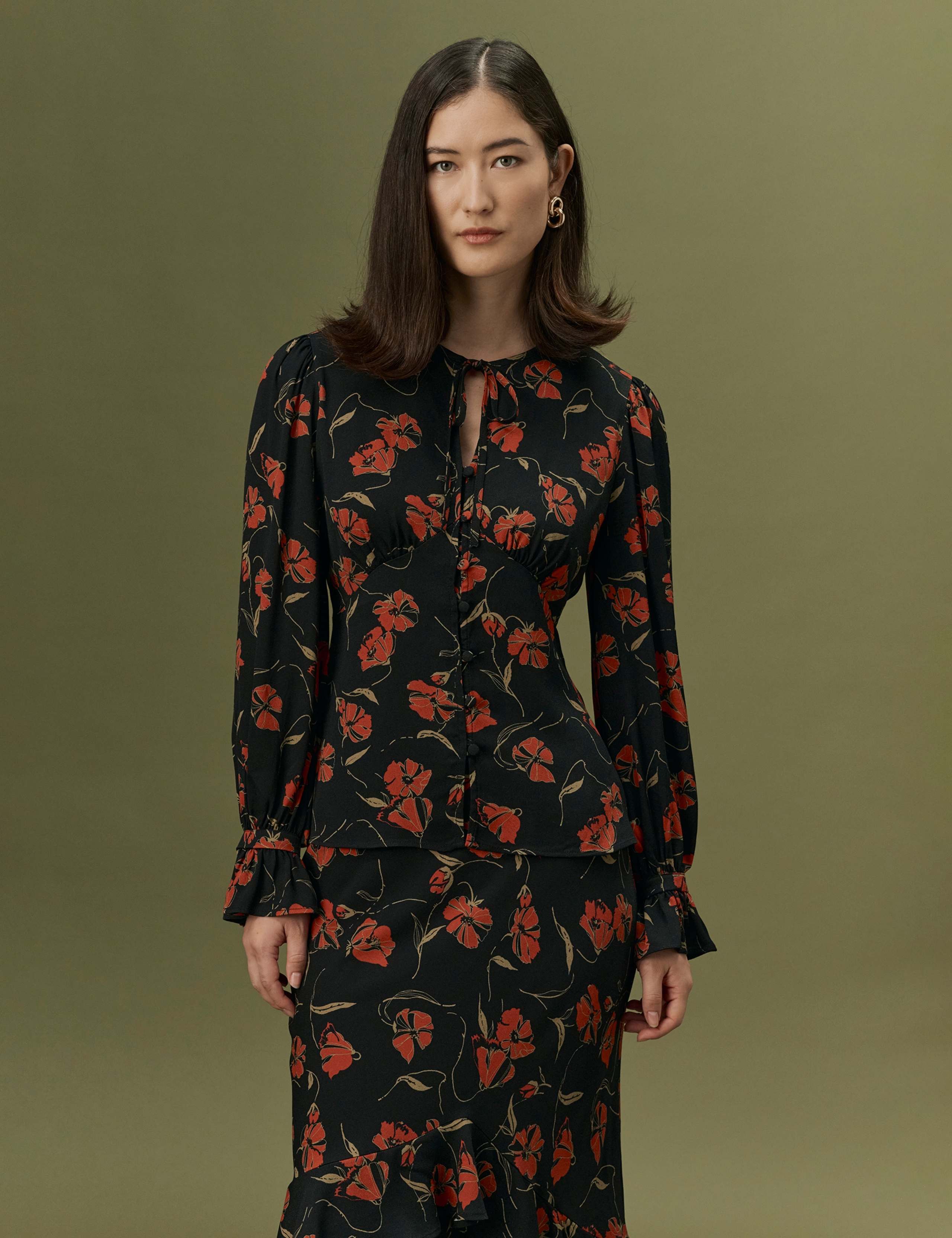 Crepe Floral Tie Neck Button Through Blouse 1 of 12