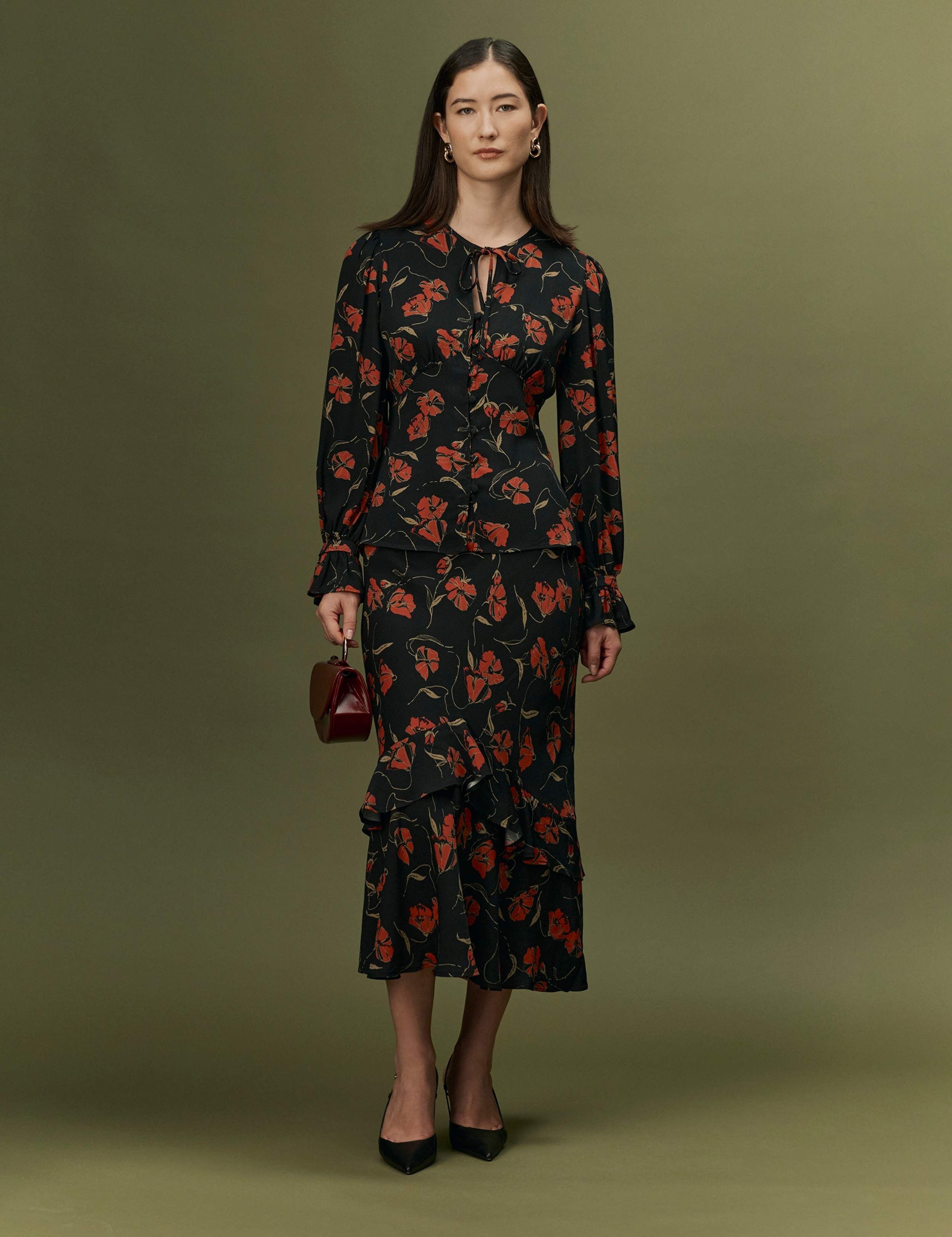 Crepe Floral Tie Neck Button Through Blouse 2 of 12