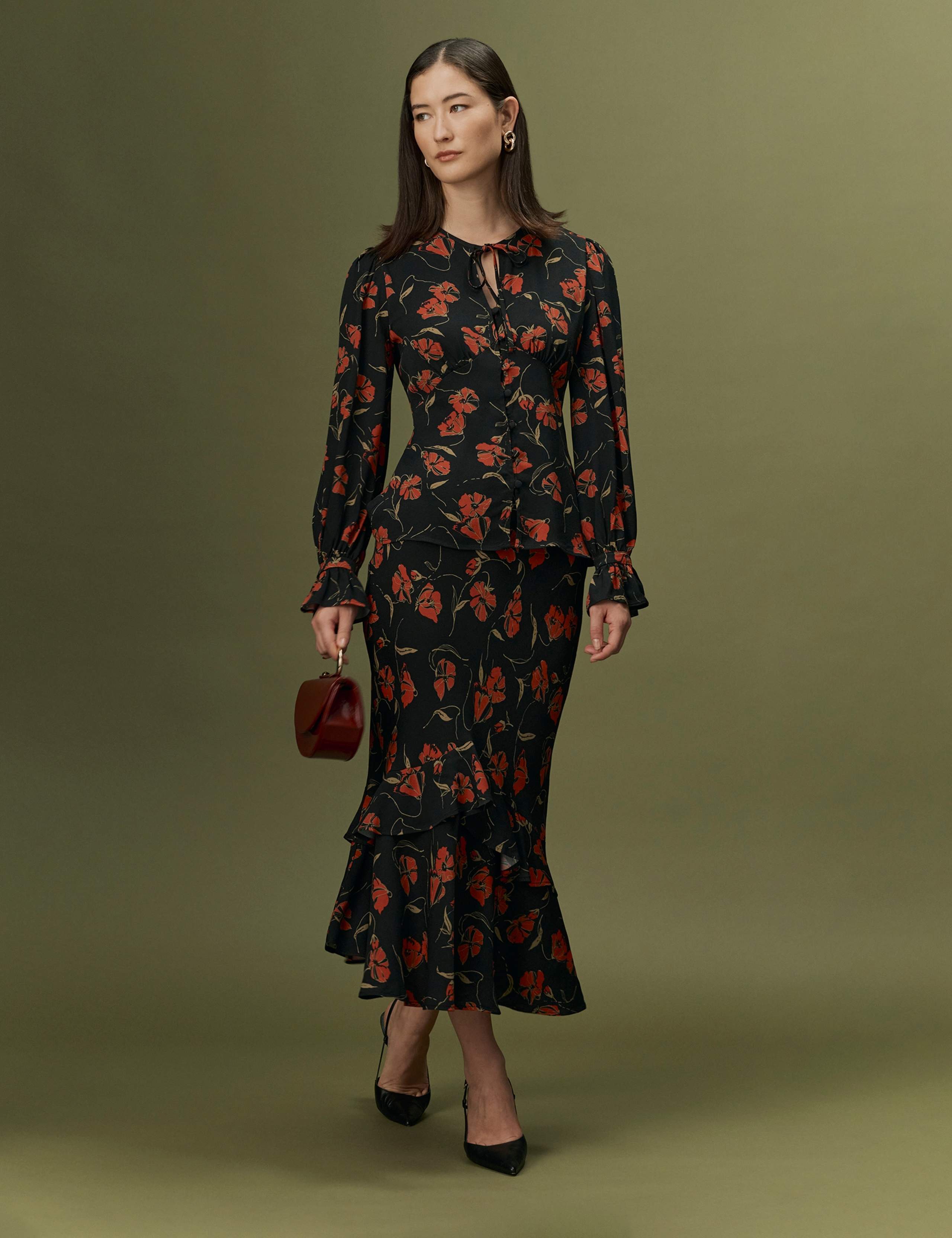 Crepe Floral Tie Neck Button Through Blouse 10 of 12
