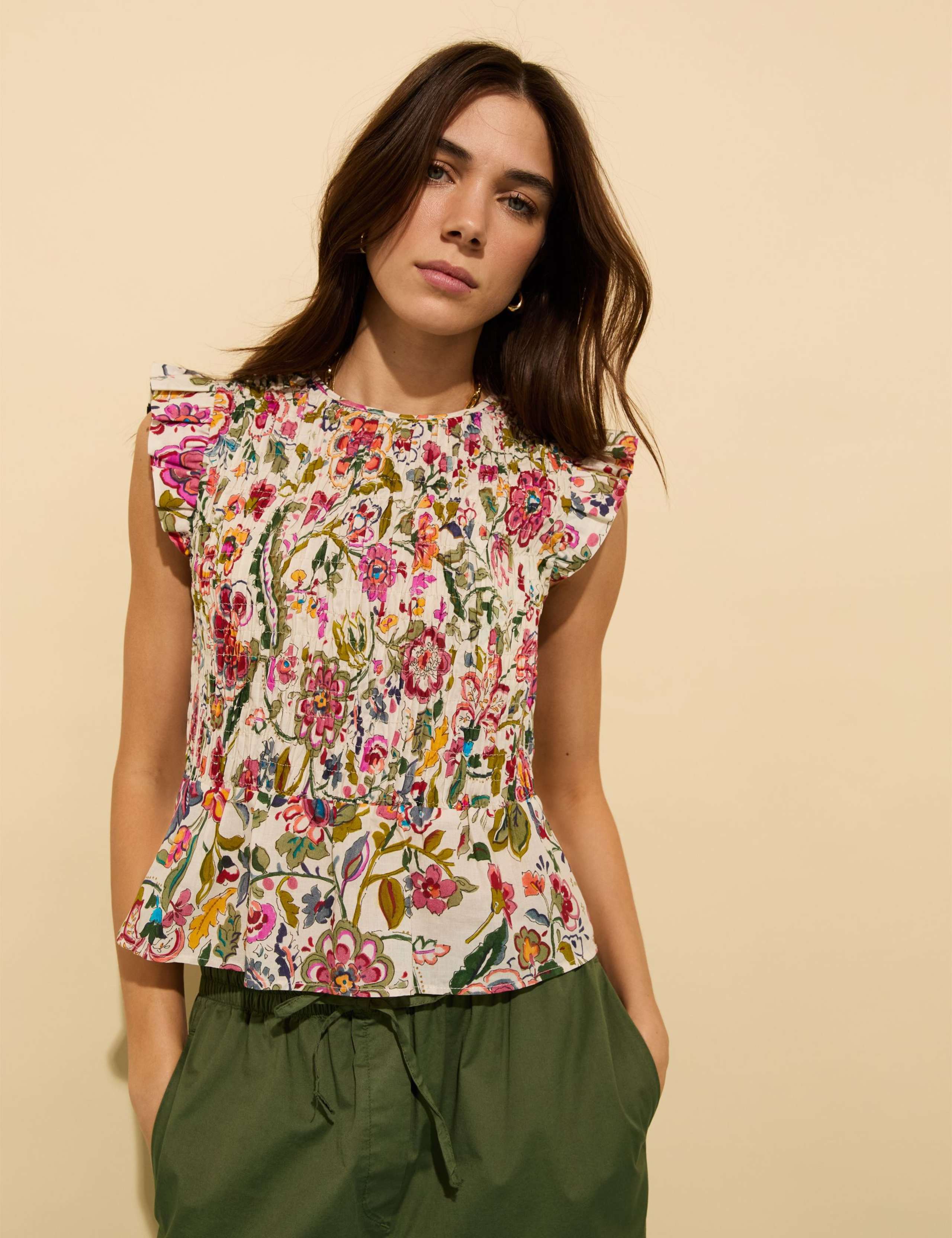 Pure Cotton Floral V-Neck Smocked Blouse 2 of 4