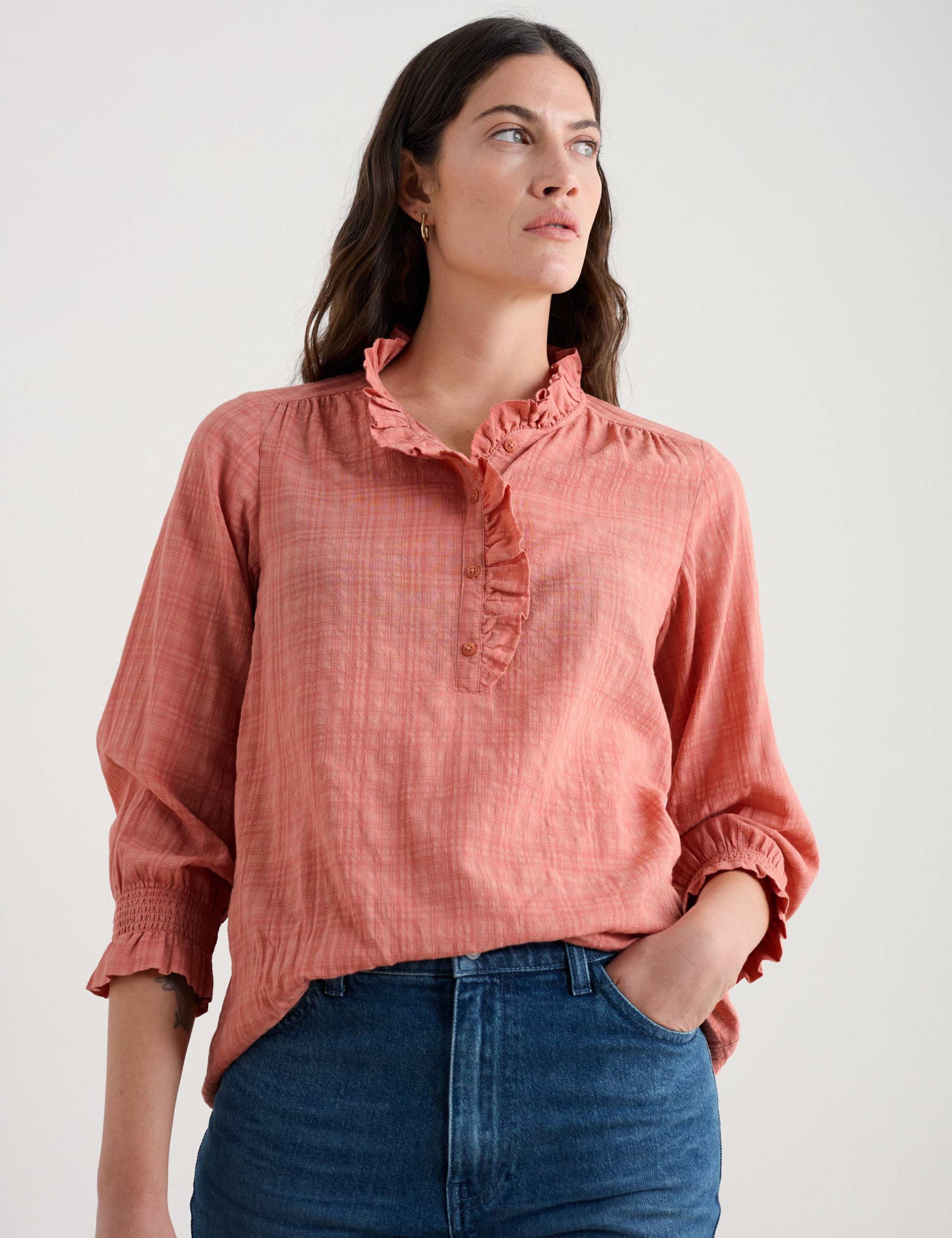 Cotton Rich Checked Ruffle Blouse 3 of 5