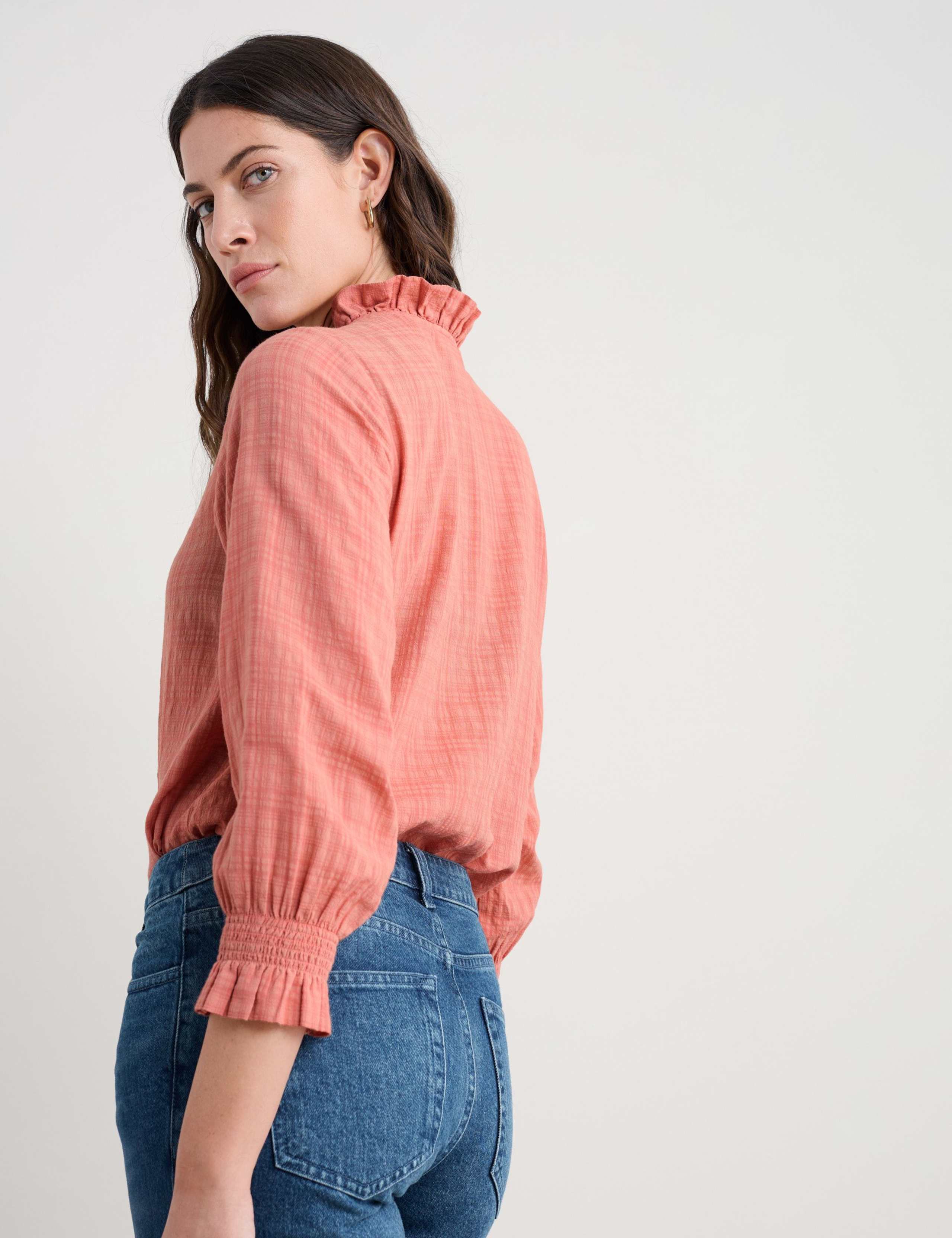 Cotton Rich Checked Ruffle Blouse 4 of 5