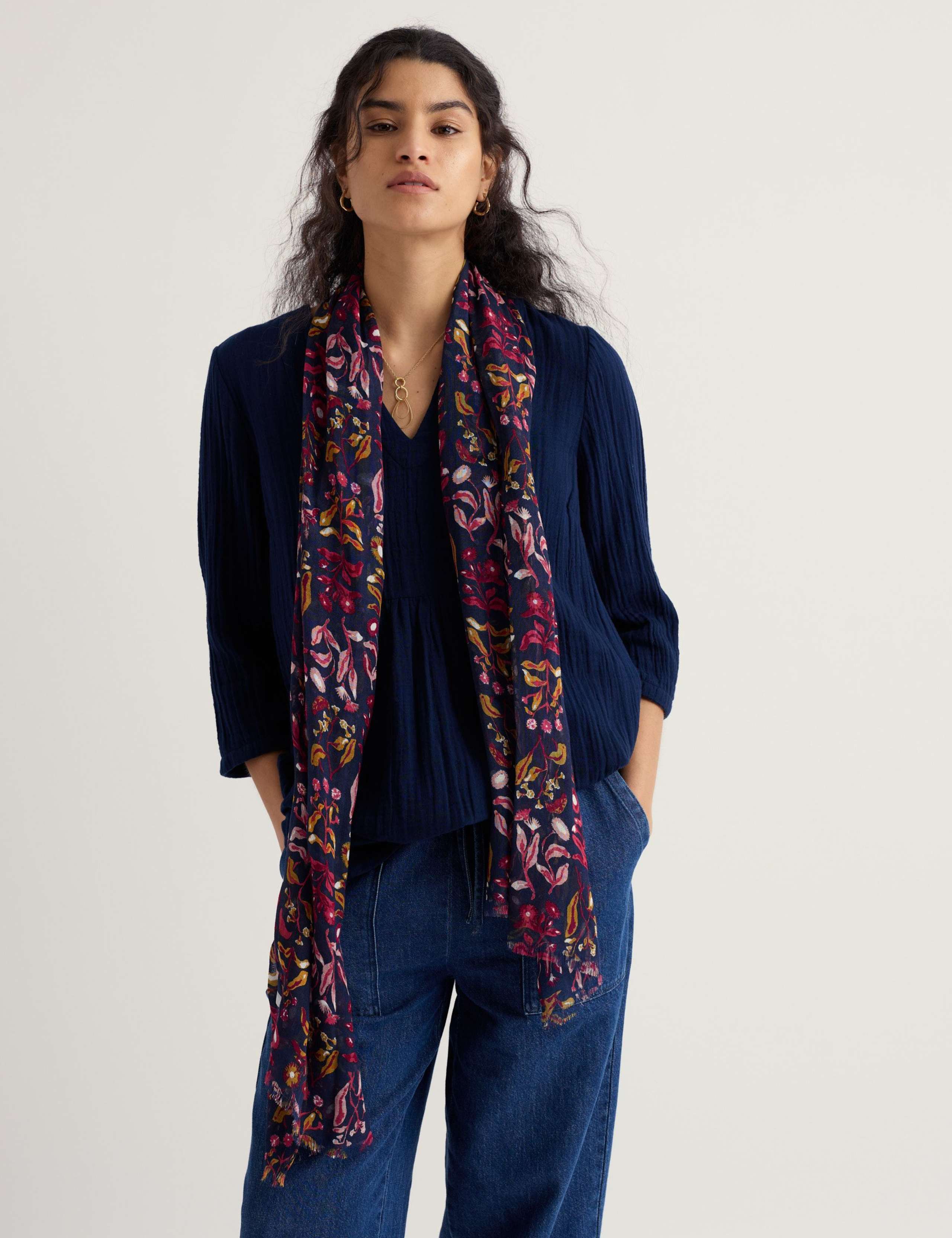 Modal Rich Floral Fringed Scarf with Linen 3 of 5