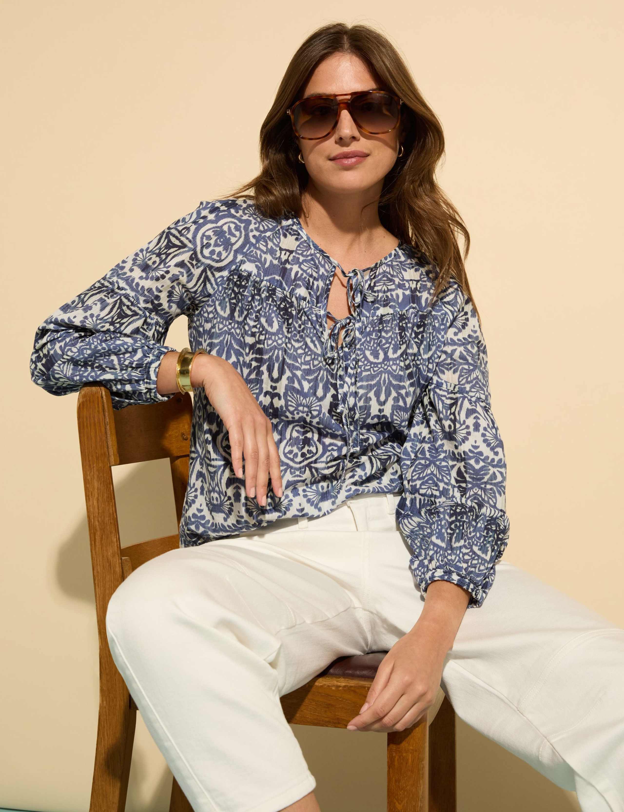 Pure Cotton Printed Tie Neck Blouse 3 of 5