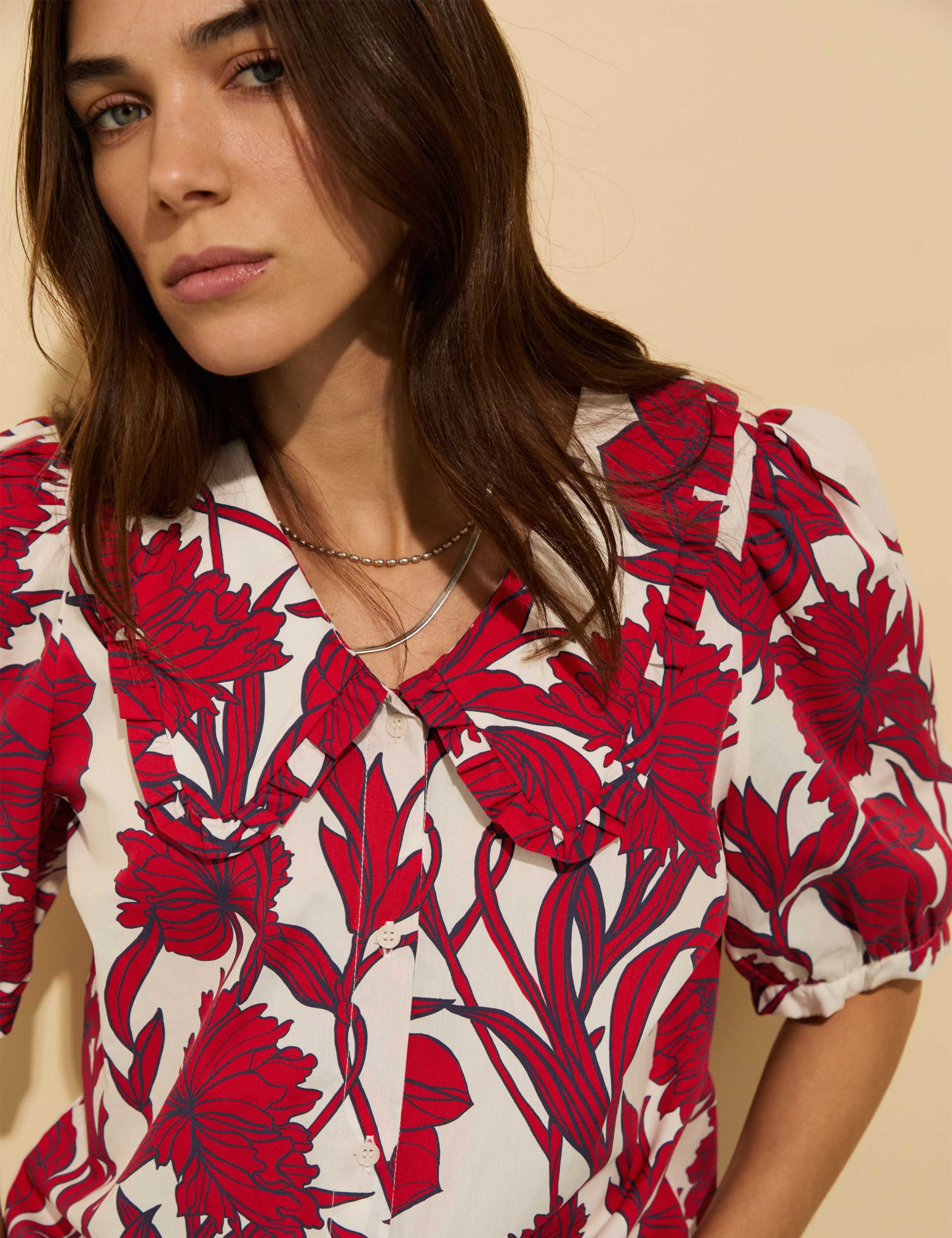 Pure Cotton Floral Collared Puff Sleeve Blouse 2 of 4