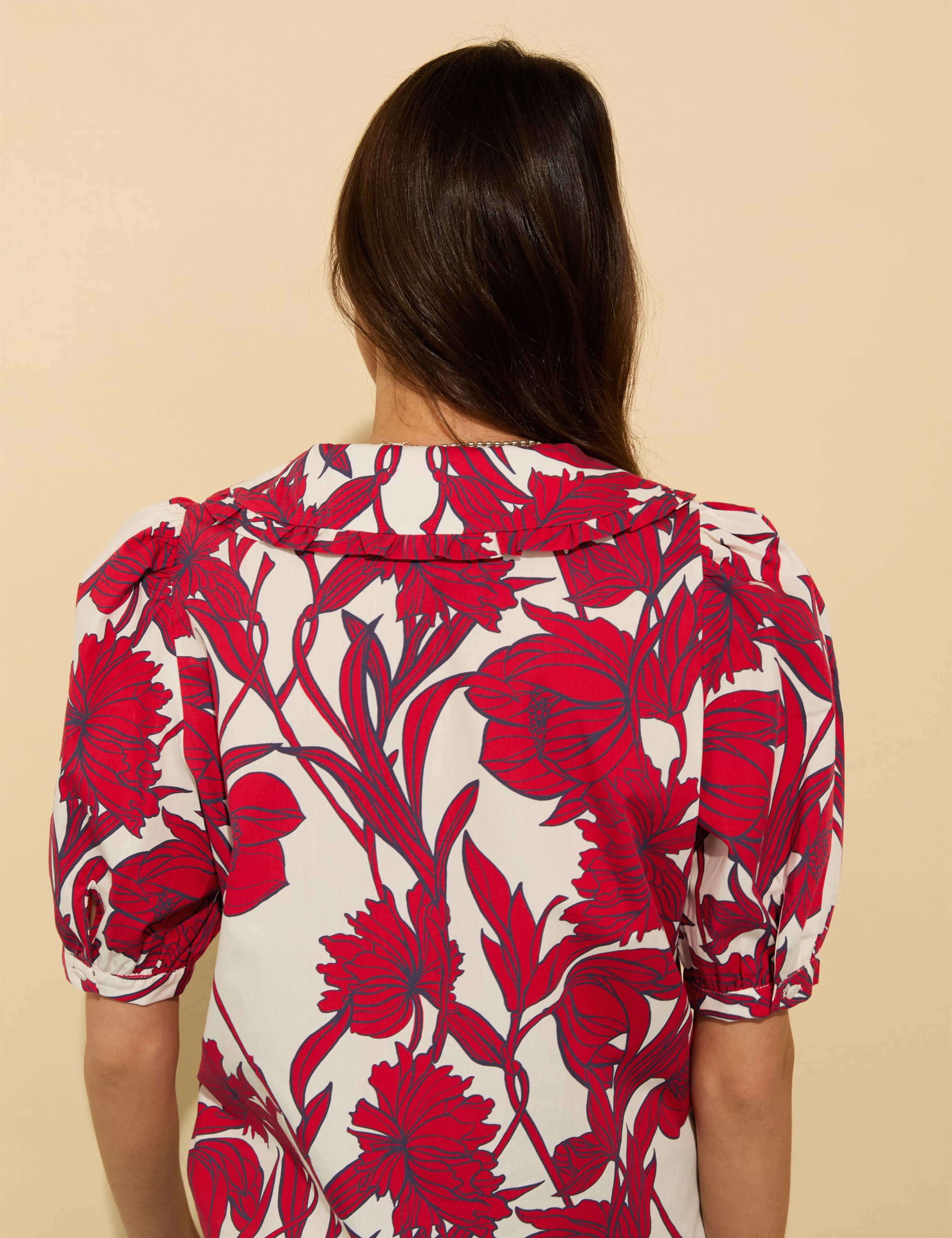 Pure Cotton Floral Collared Puff Sleeve Blouse 3 of 4