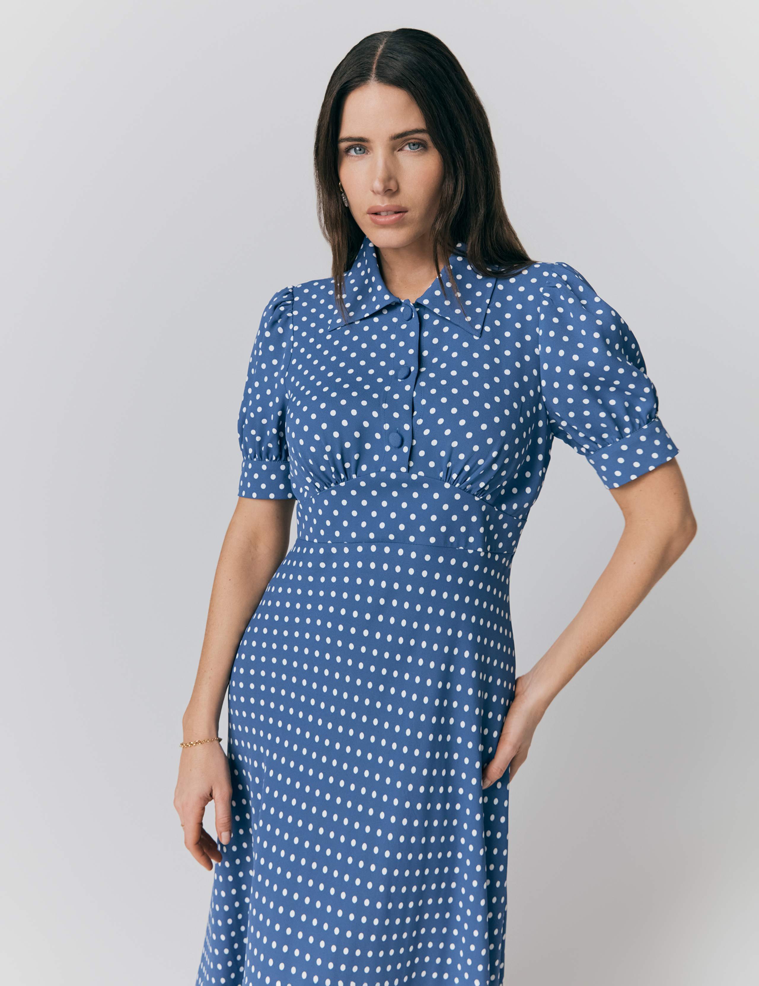 Crepe Polka Dot Button Front Midi Tea Dress 2 of 4
