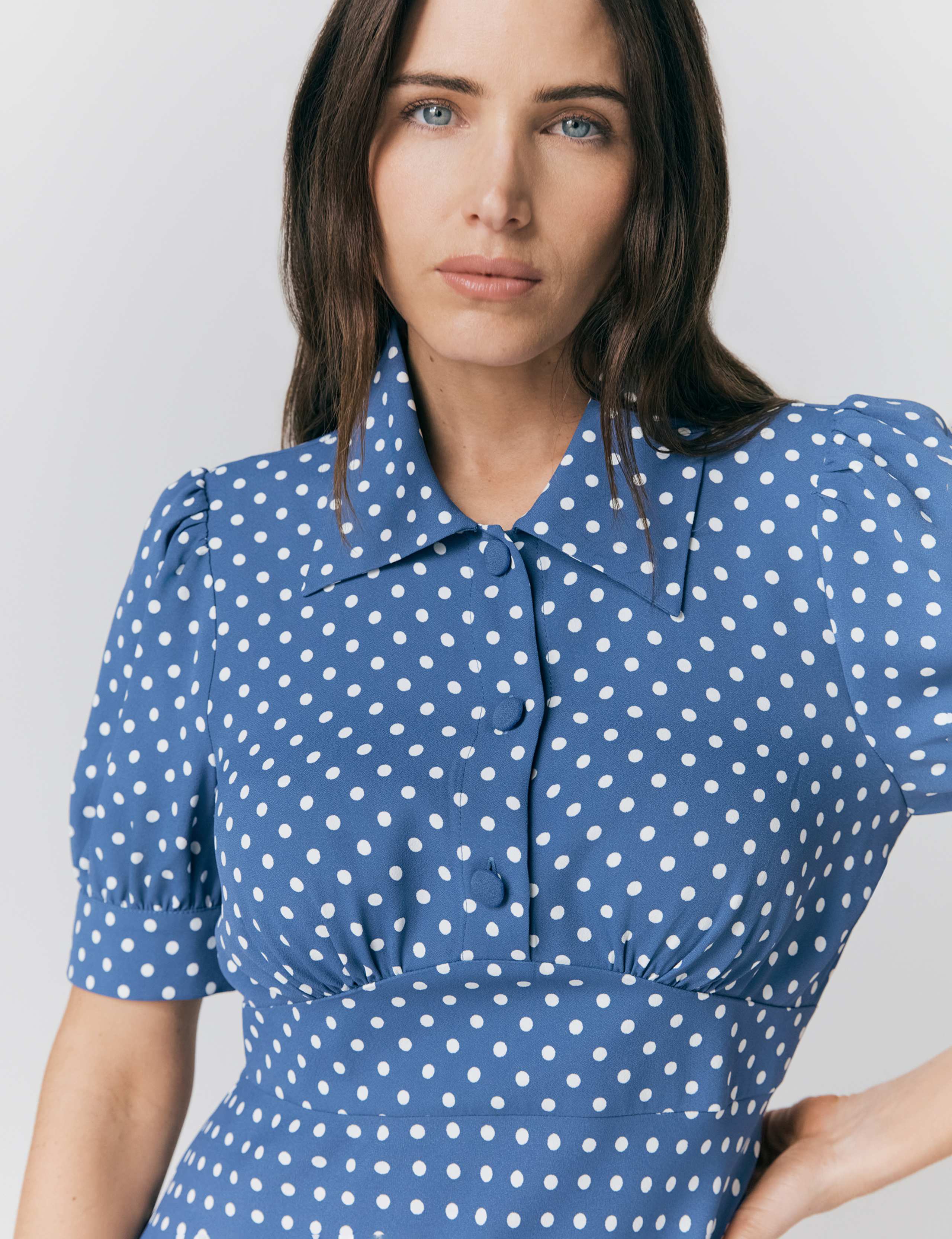 Crepe Polka Dot Button Front Midi Tea Dress 3 of 4