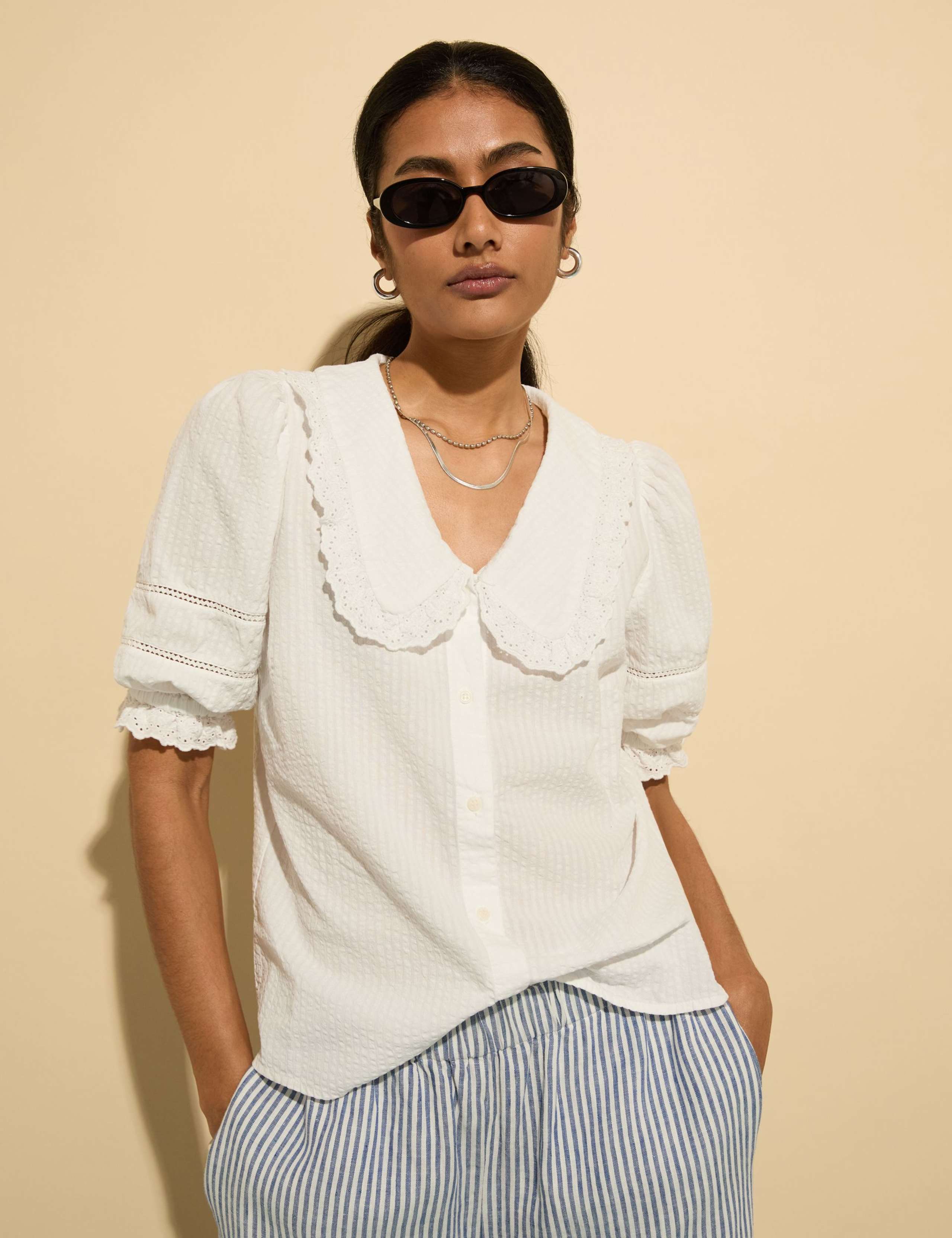 Pure Cotton Broderie Collared V-Neck Blouse 1 of 5