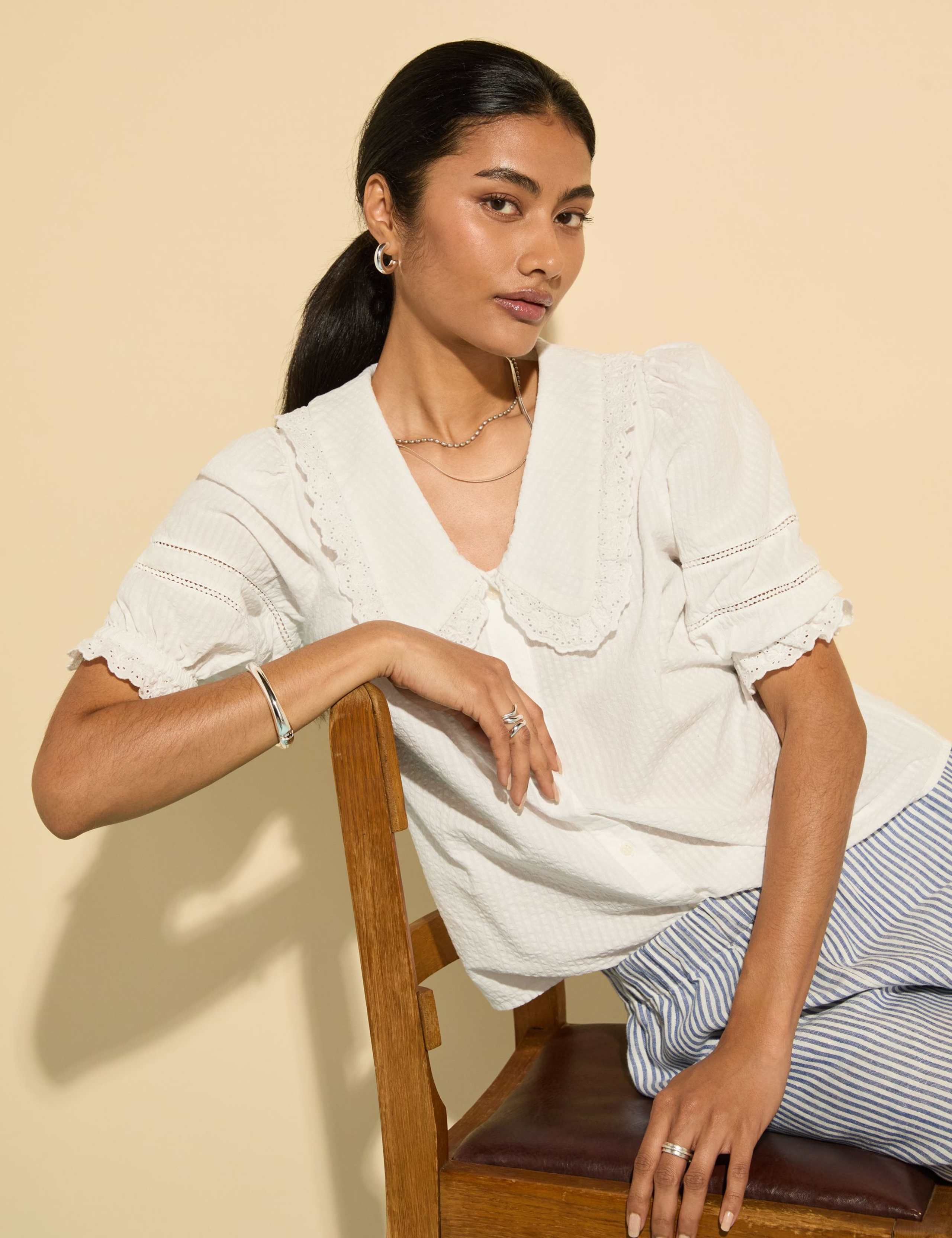 Pure Cotton Broderie Collared V-Neck Blouse 5 of 5
