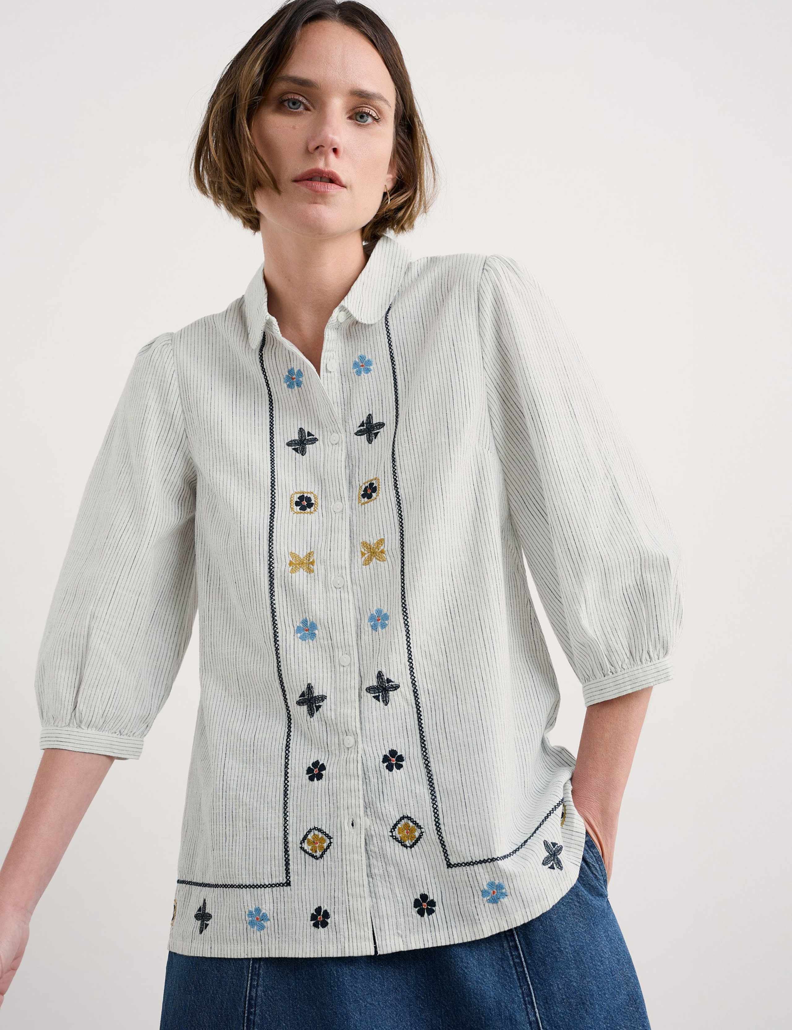 Pure Cotton Embroidered Collared Blouse 1 of 6