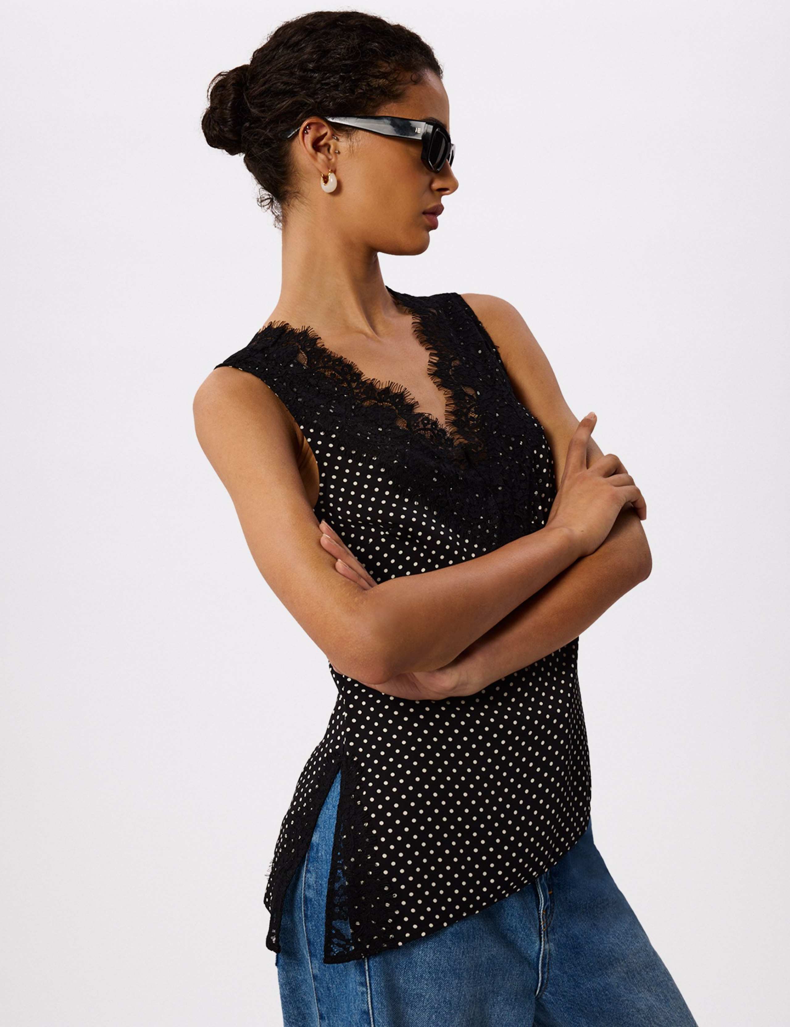 Polka Dot Print V-Neck Lace Detail Top 1 of 7