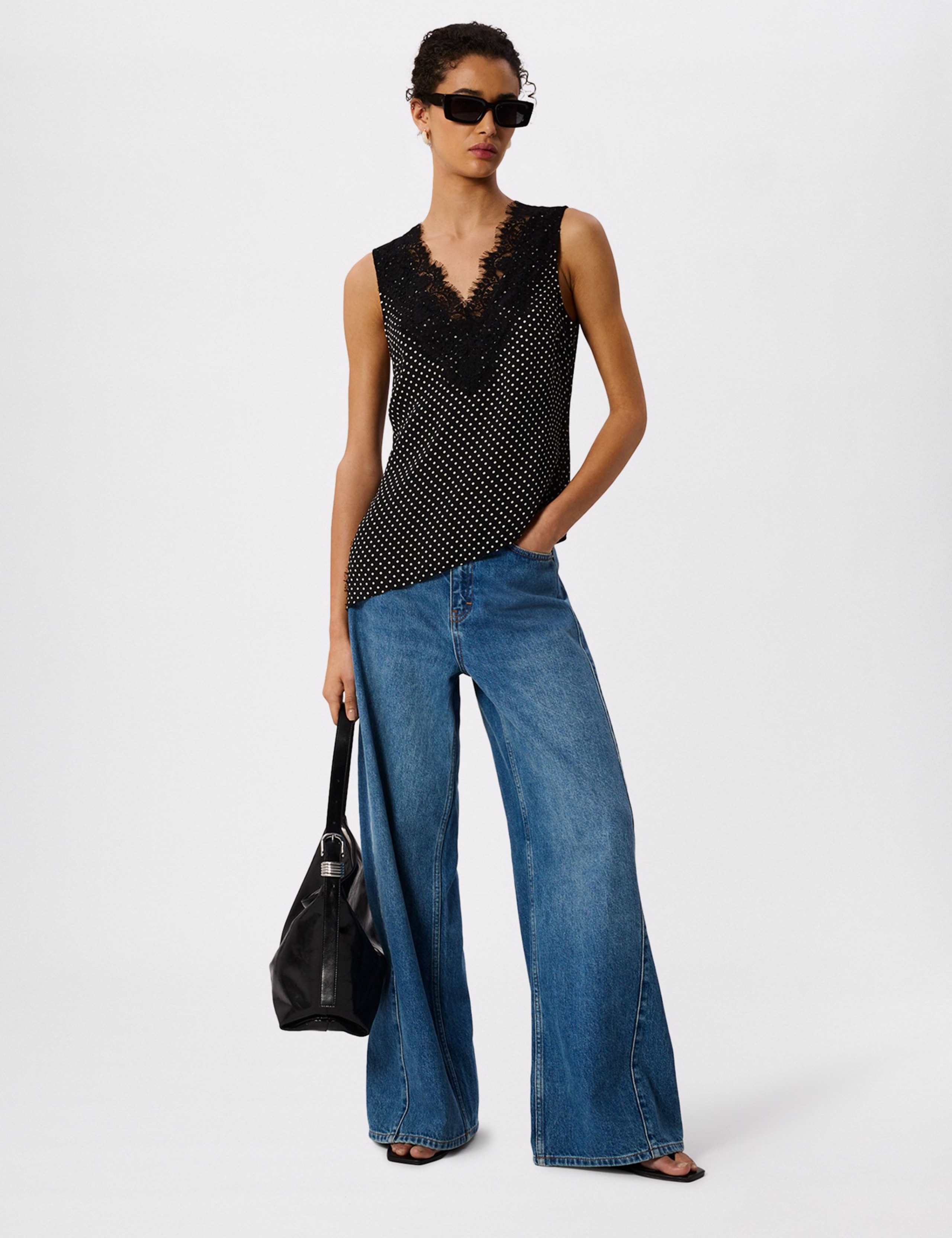 Polka Dot Print V-Neck Lace Detail Top 3 of 7