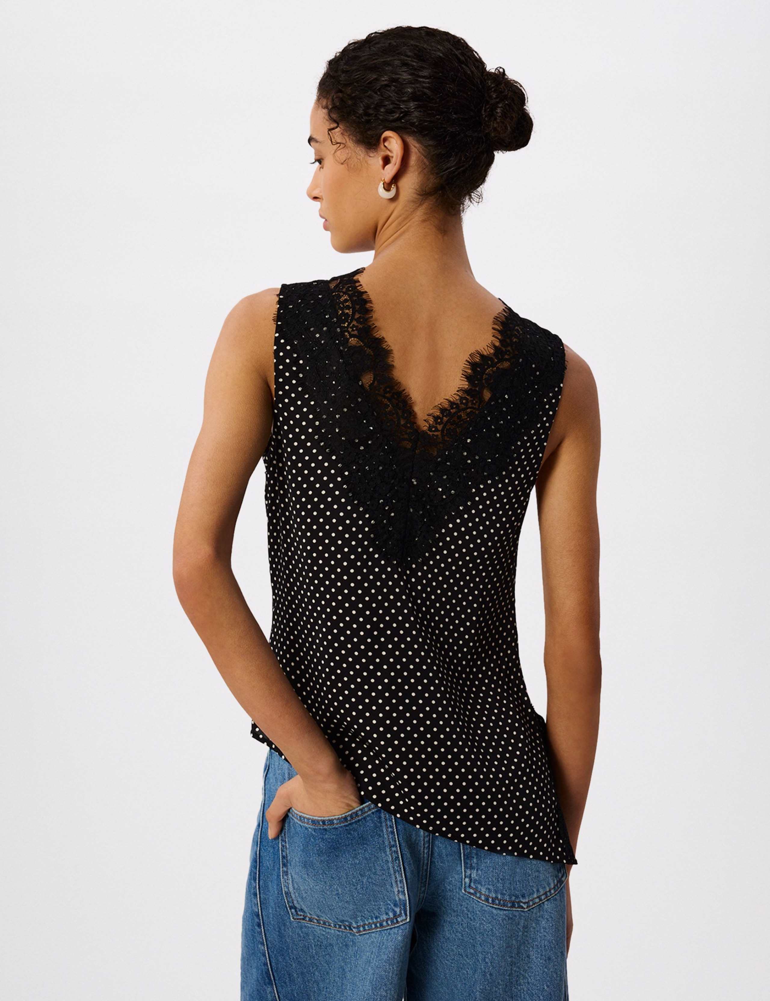Polka Dot Print V-Neck Lace Detail Top 5 of 7