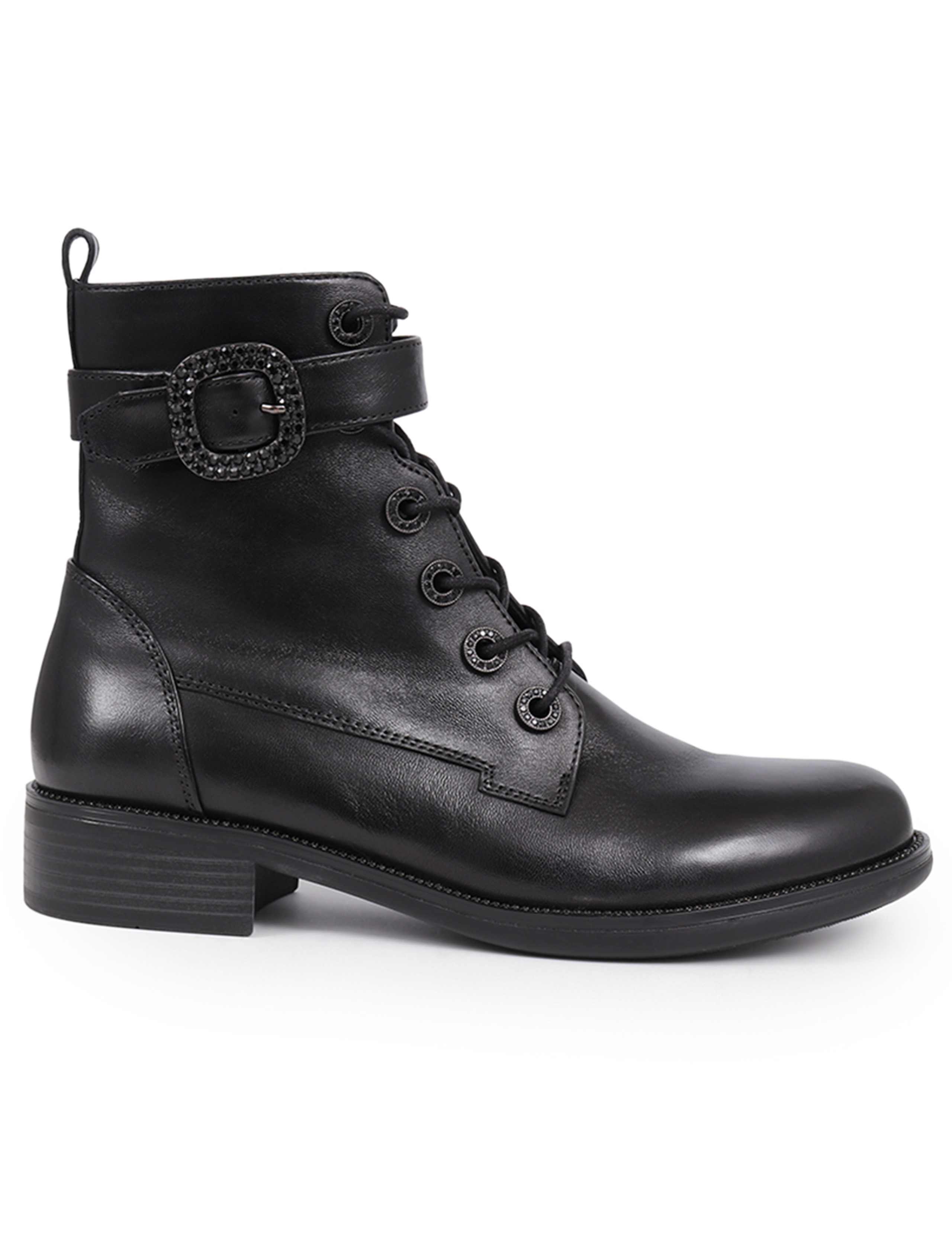 Leather Lace Up Buckle Flat Ankle Boots 2 of 7