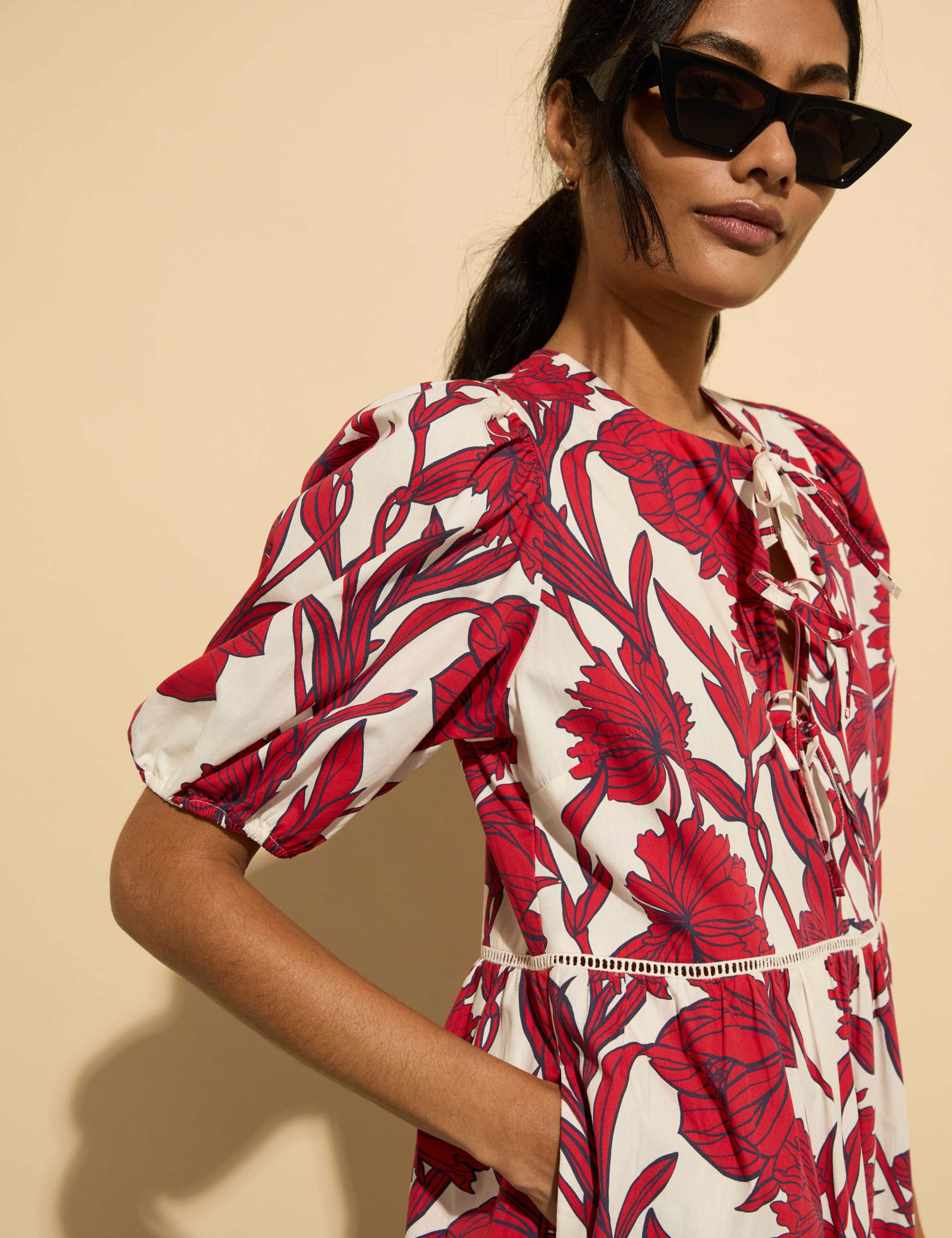 Pure Cotton Floral Tie Detail Midi Dress 6 of 6