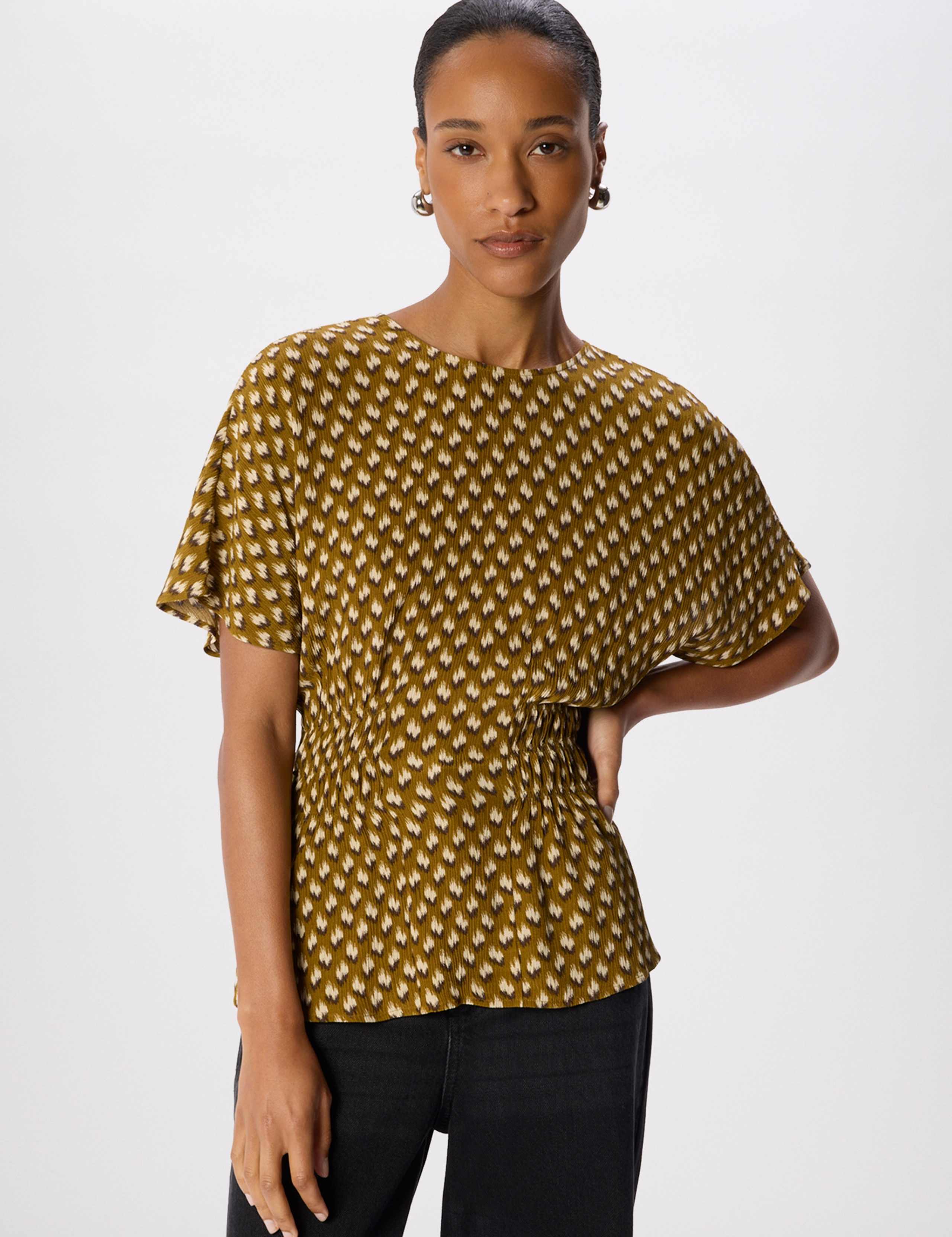 Ikat Print Shirred Fluted Sleeve Blouse 1 of 6