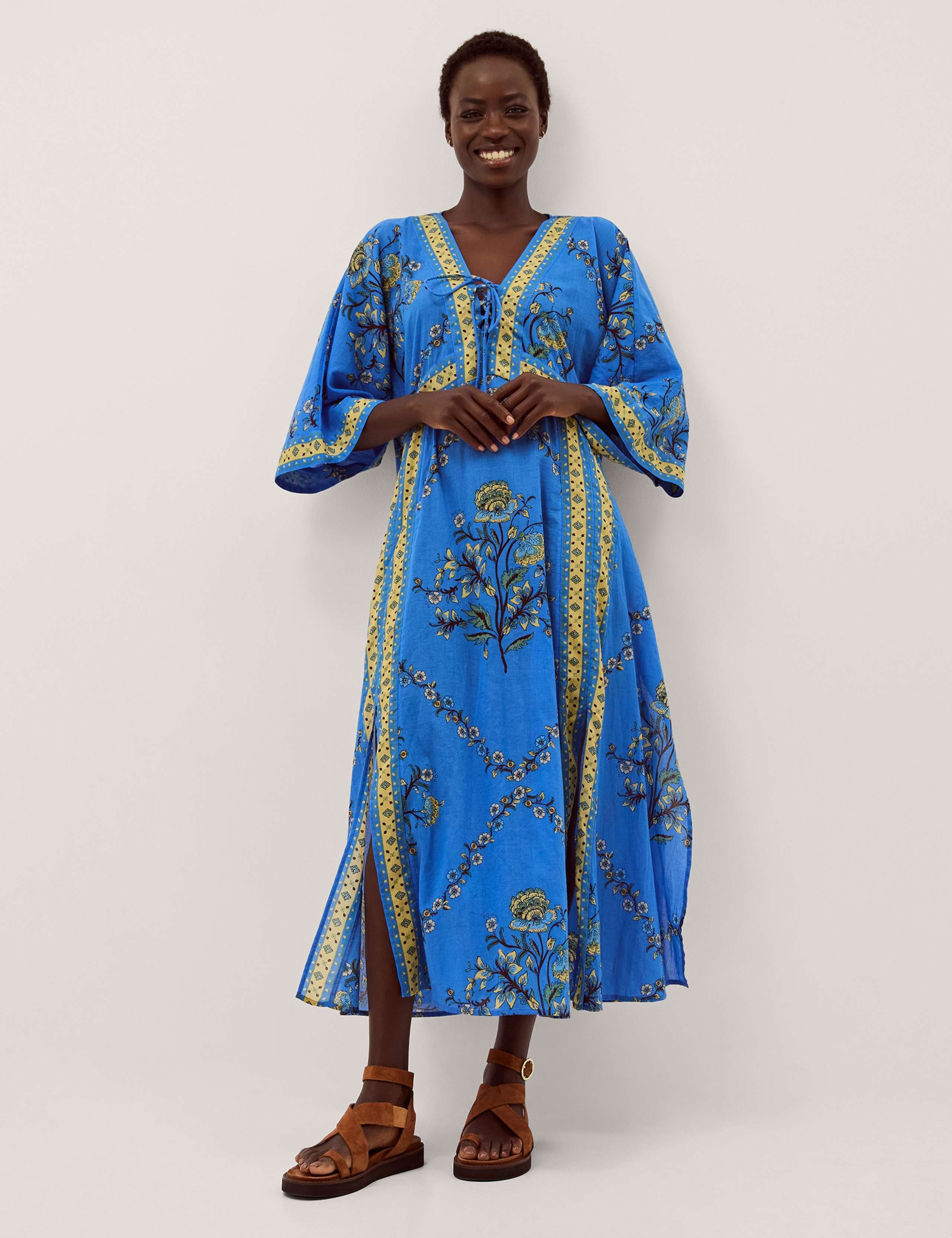 Pure Cotton Floral Tie Neck Midaxi Dress 1 of 4