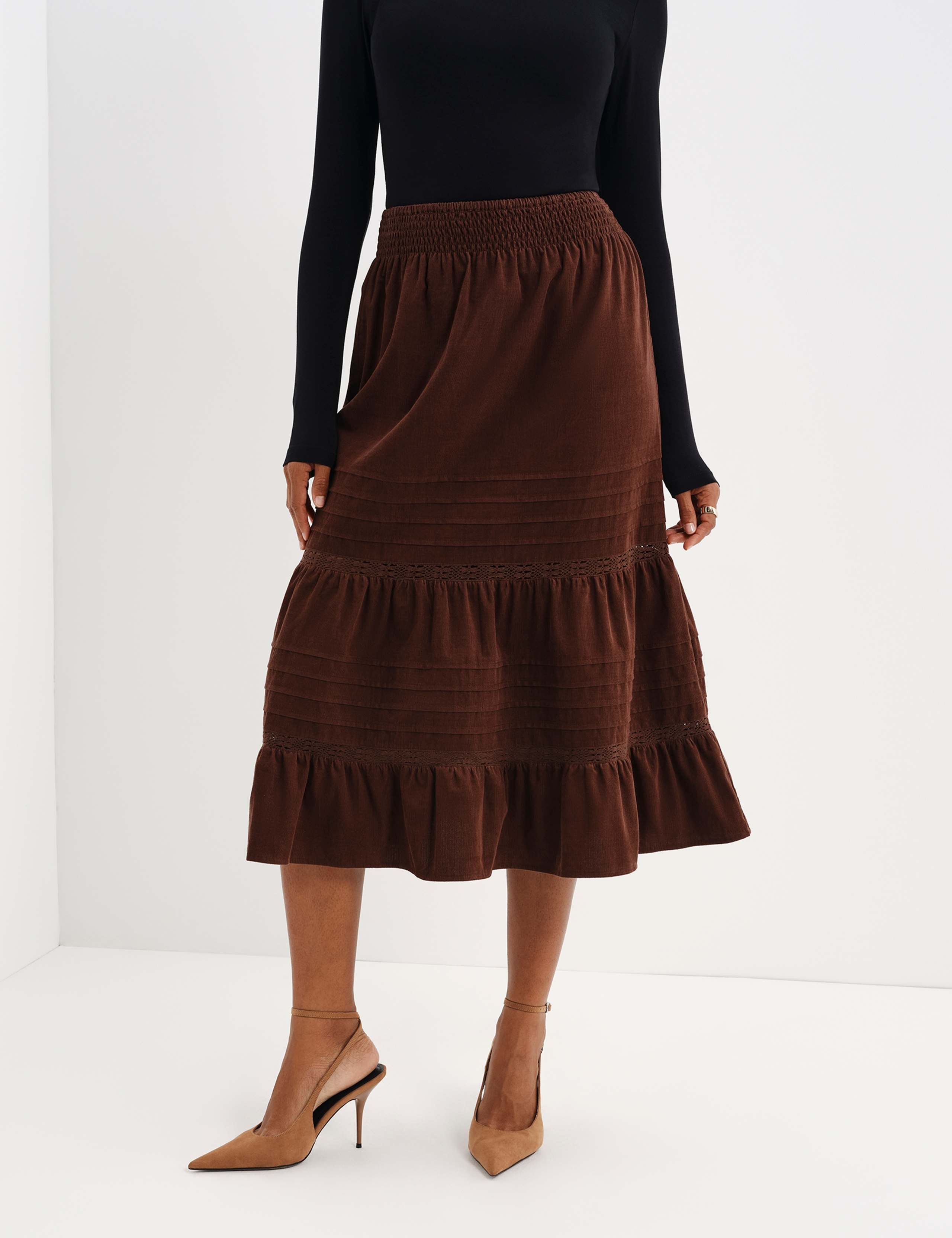 Cord Lace Detail Midi Tiered Skirt 1 of 7