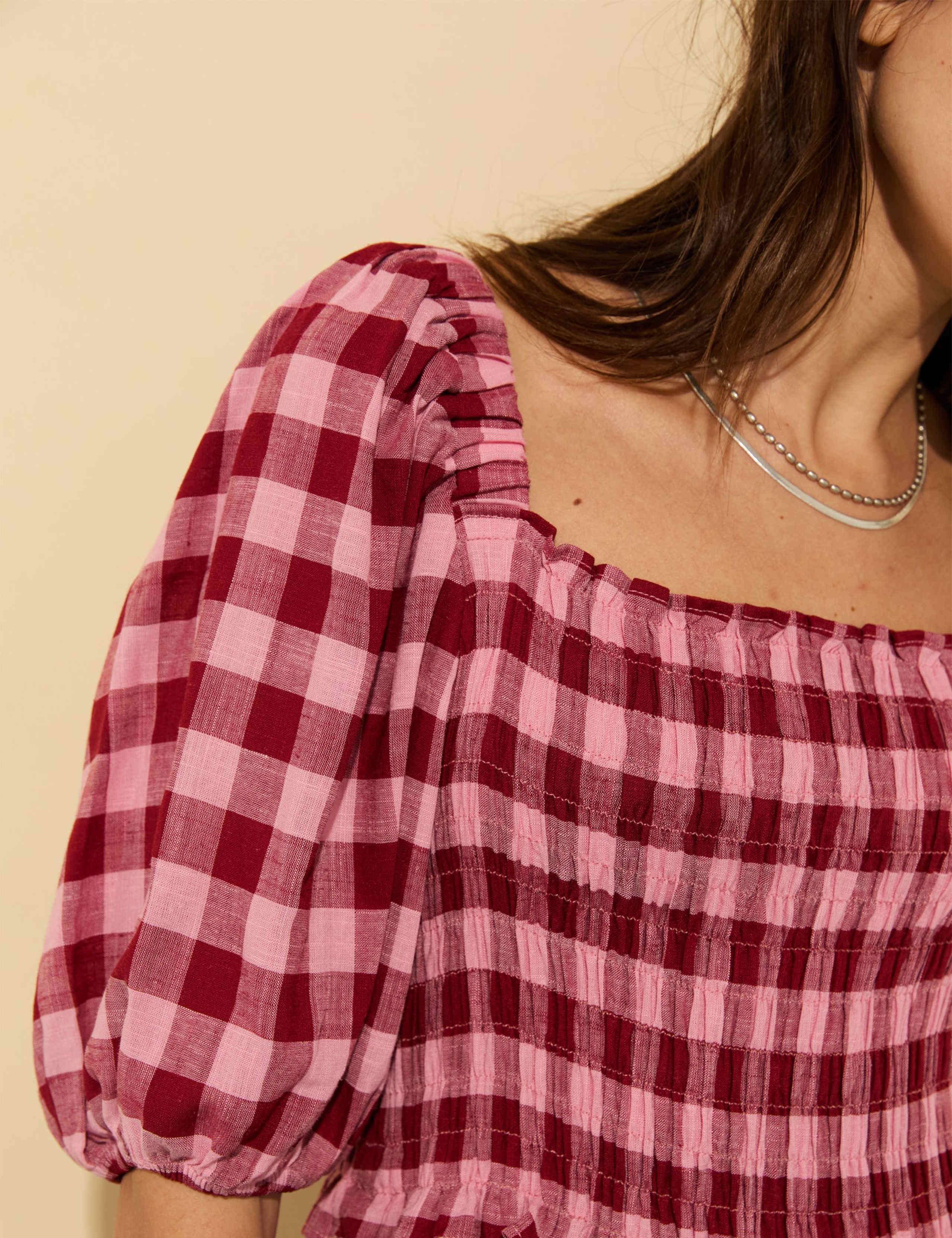 Checked Square Neck Midi Dress with Linen 3 of 4