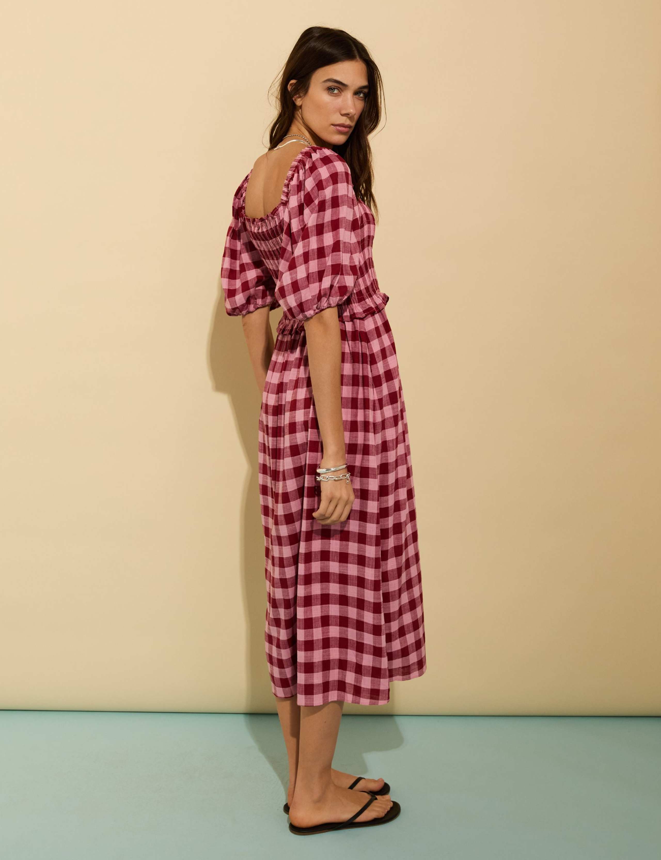 Checked Square Neck Midi Dress with Linen 4 of 4